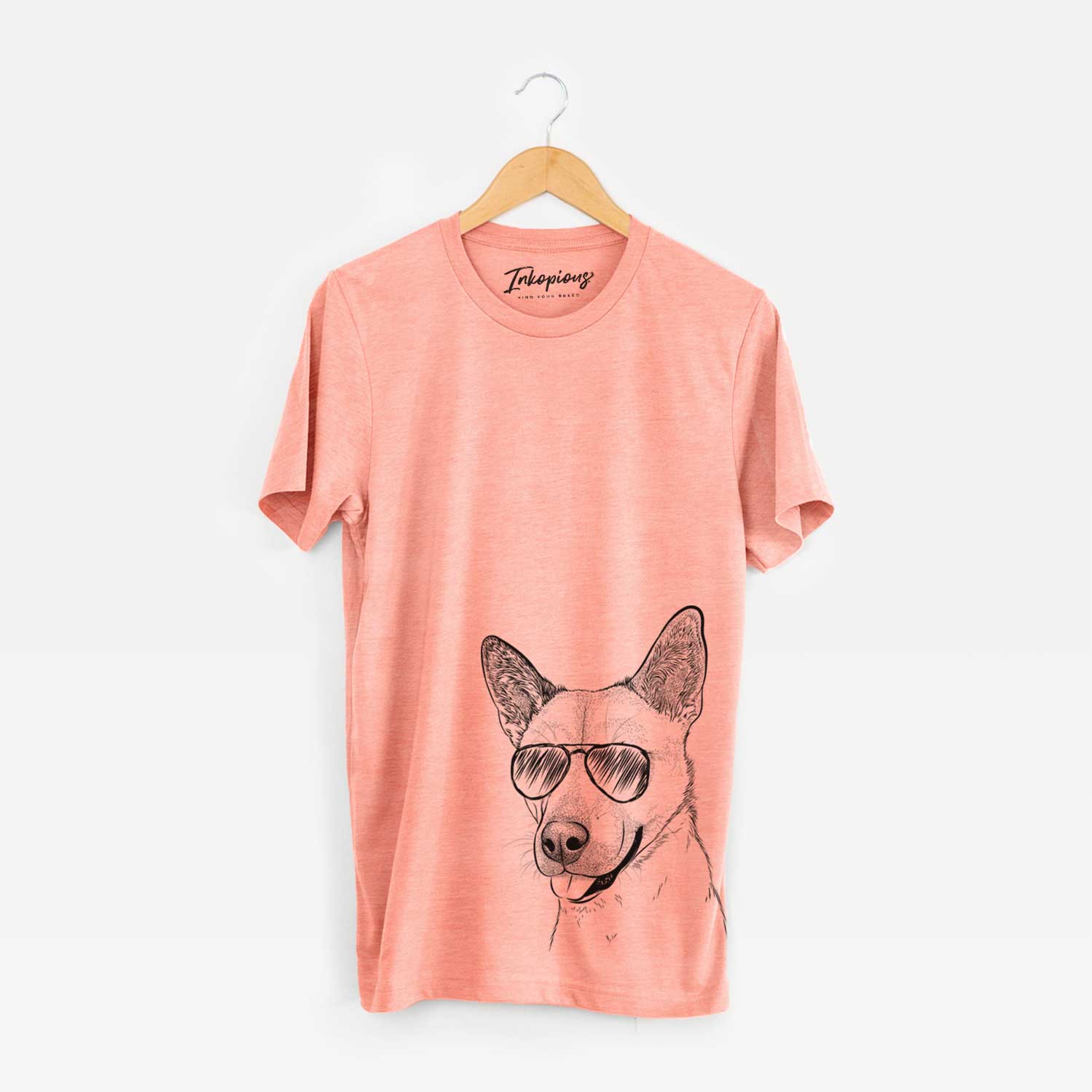 Hand-drawn sketch of Kulfi the Jindo Shiba Inu Mix wearing aviator sunglasses on a Sunset Unisex crewneck