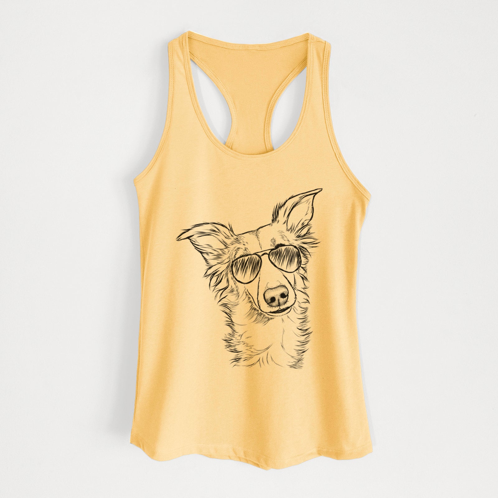 Hand-drawn sketch of Kyu the Windsprite wearing aviator sunglasses on a Banana Cream Women's racerback tanktop