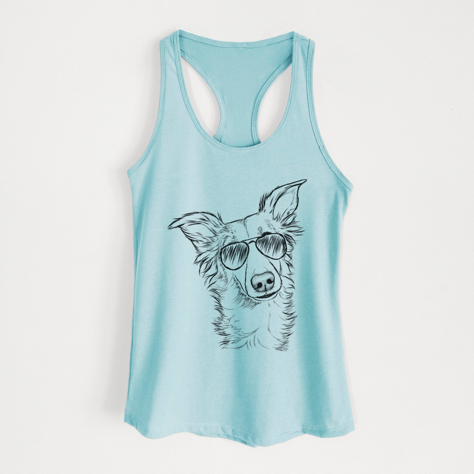 Hand-drawn sketch of Kyu the Windsprite wearing aviator sunglasses on a Cancun Blue Women's racerback tanktop