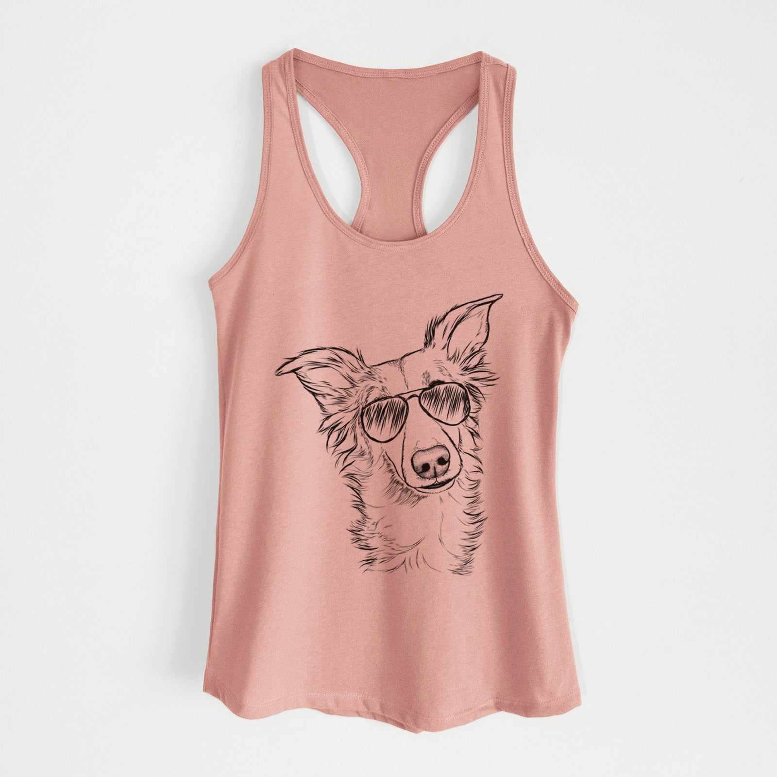 Hand-drawn sketch of Kyu the Windsprite wearing aviator sunglasses on a Desert Pink Women's racerback tanktop
