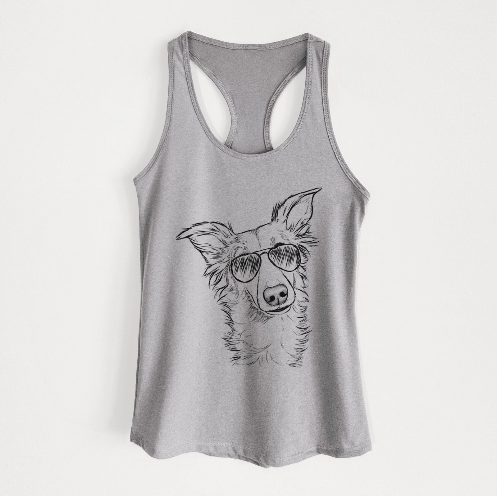 Hand-drawn sketch of Kyu the Windsprite wearing aviator sunglasses on a Heather Grey Women's racerback tanktop