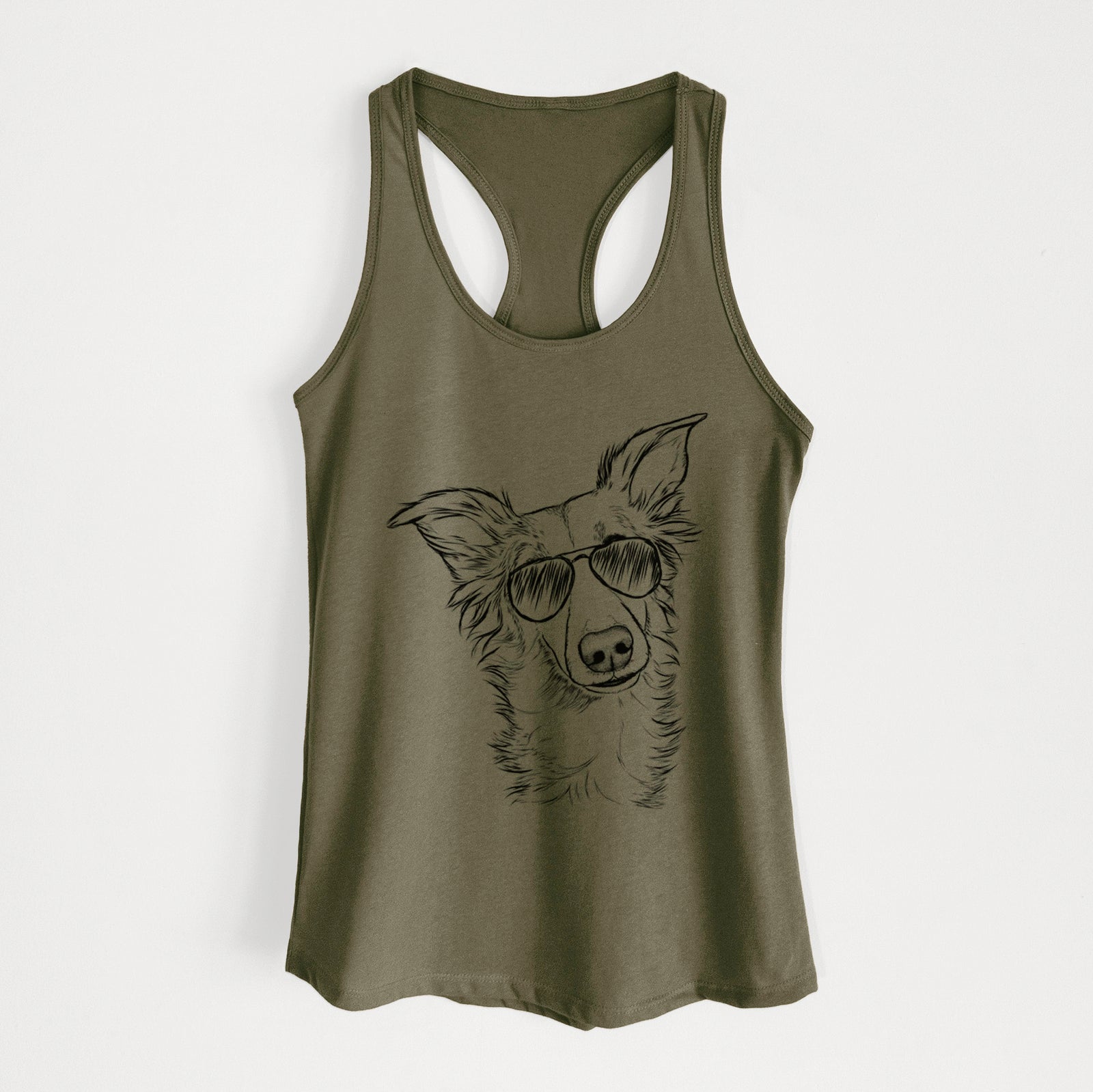 Hand-drawn sketch of Kyu the Windsprite wearing aviator sunglasses on a Military Green Women's racerback tanktop