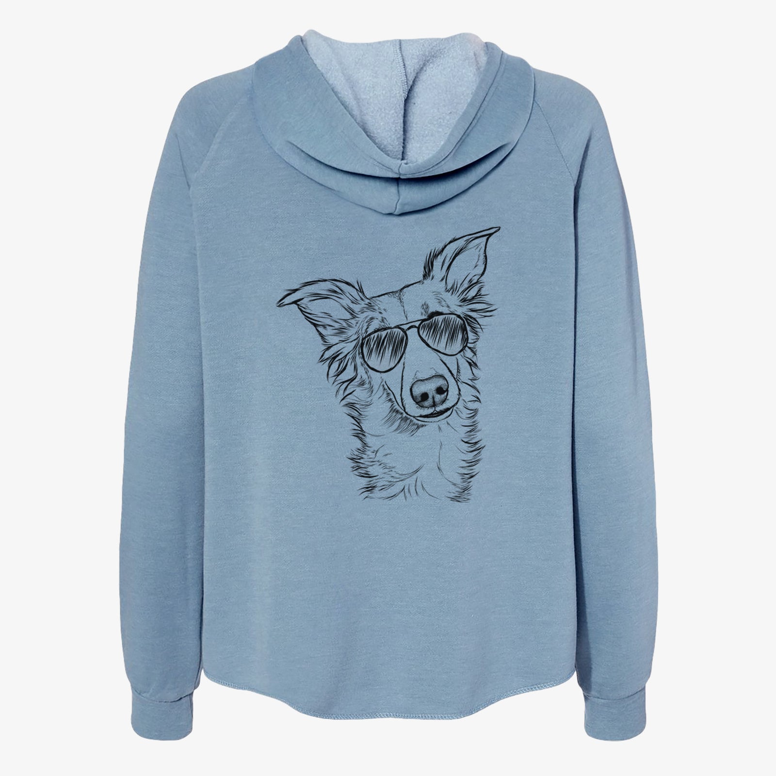 Hand-drawn sketch of Kyu the Windsprite wearing aviator sunglasses on a Misty Blue Women's cali wave zip-up sweatshirt