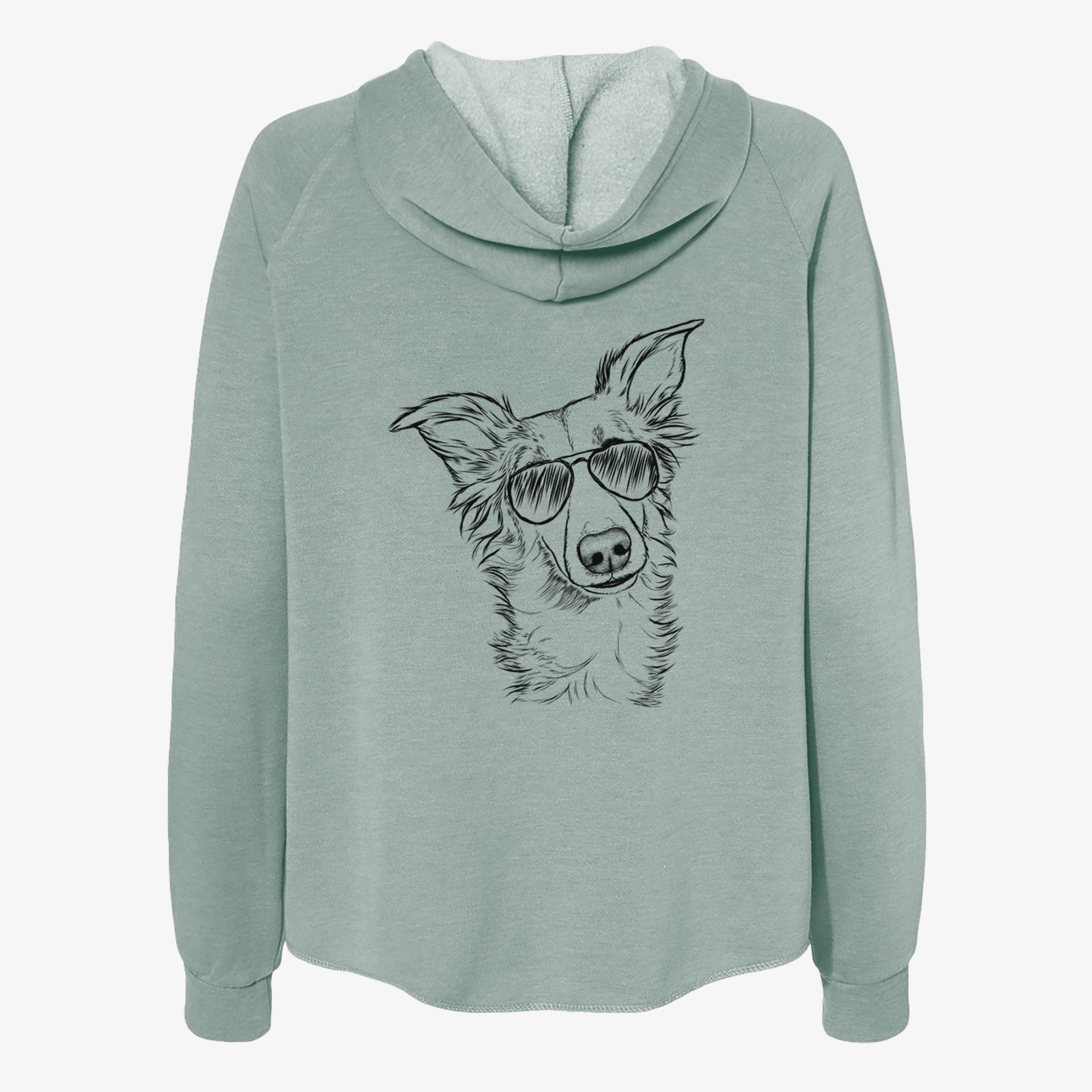 Hand-drawn sketch of Kyu the Windsprite wearing aviator sunglasses on a Sage Women's cali wave zip-up sweatshirt