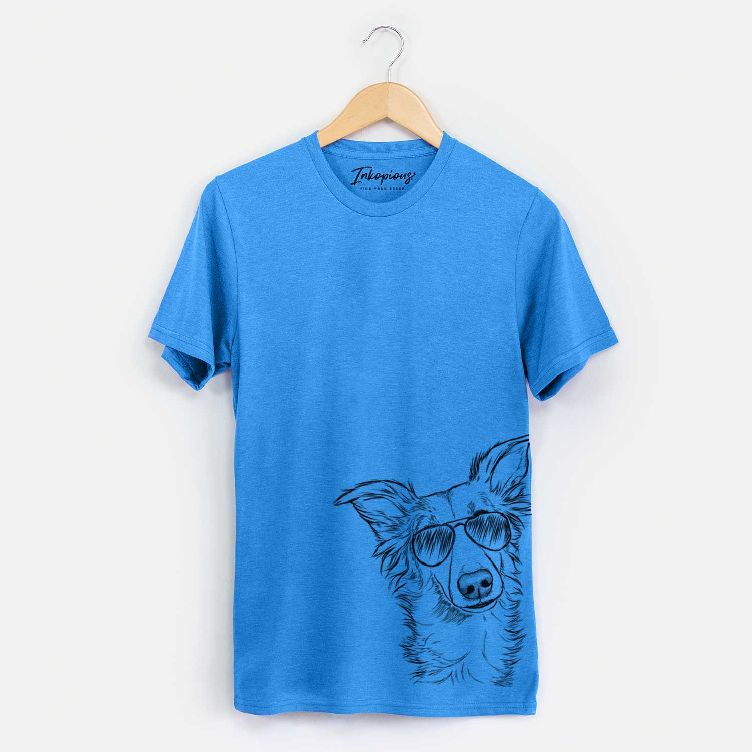 Hand-drawn sketch of Kyu the Windsprite wearing aviator sunglasses on a Blue Unisex crewneck