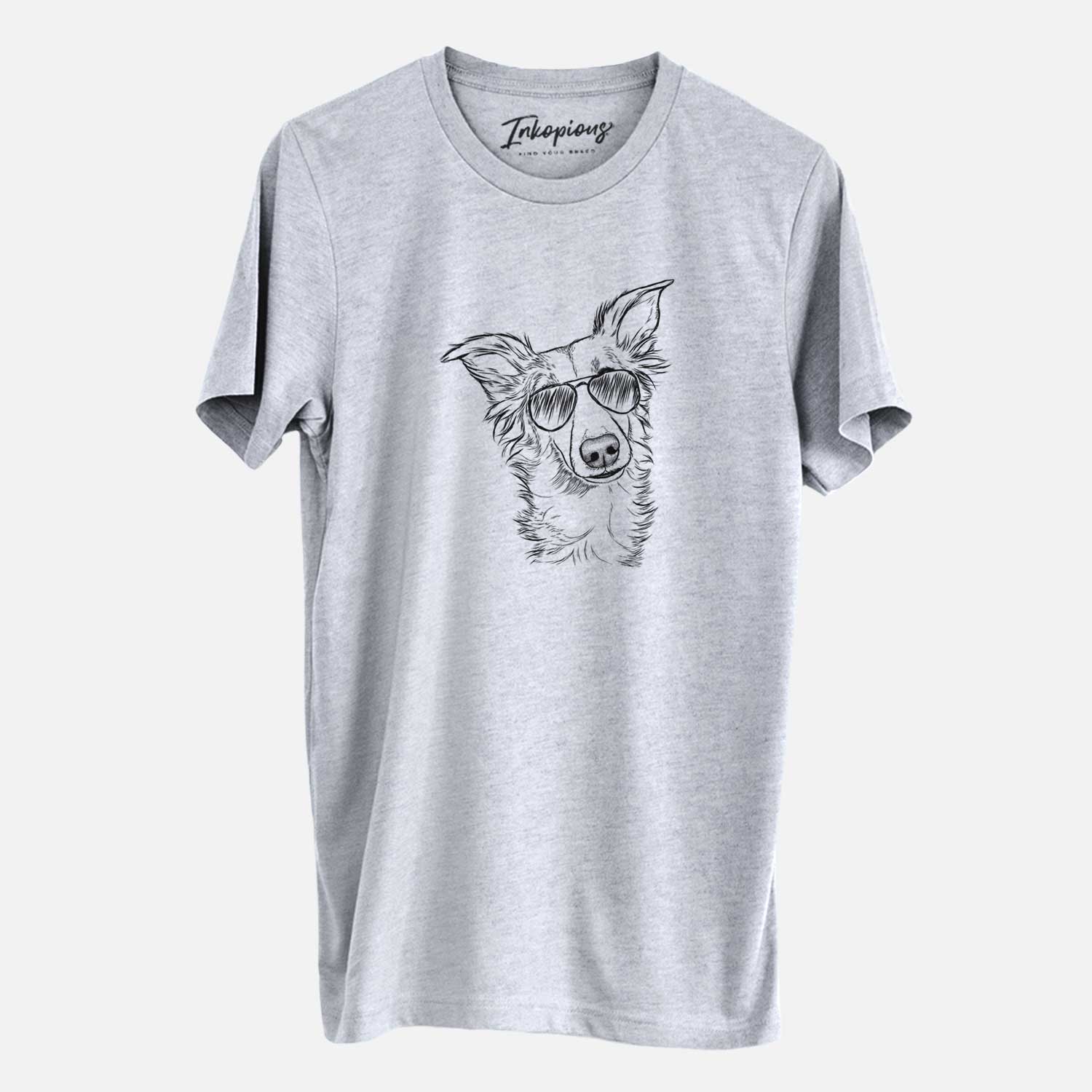 Hand-drawn sketch of Kyu the Windsprite wearing aviator sunglasses on a Grey Unisex crewneck