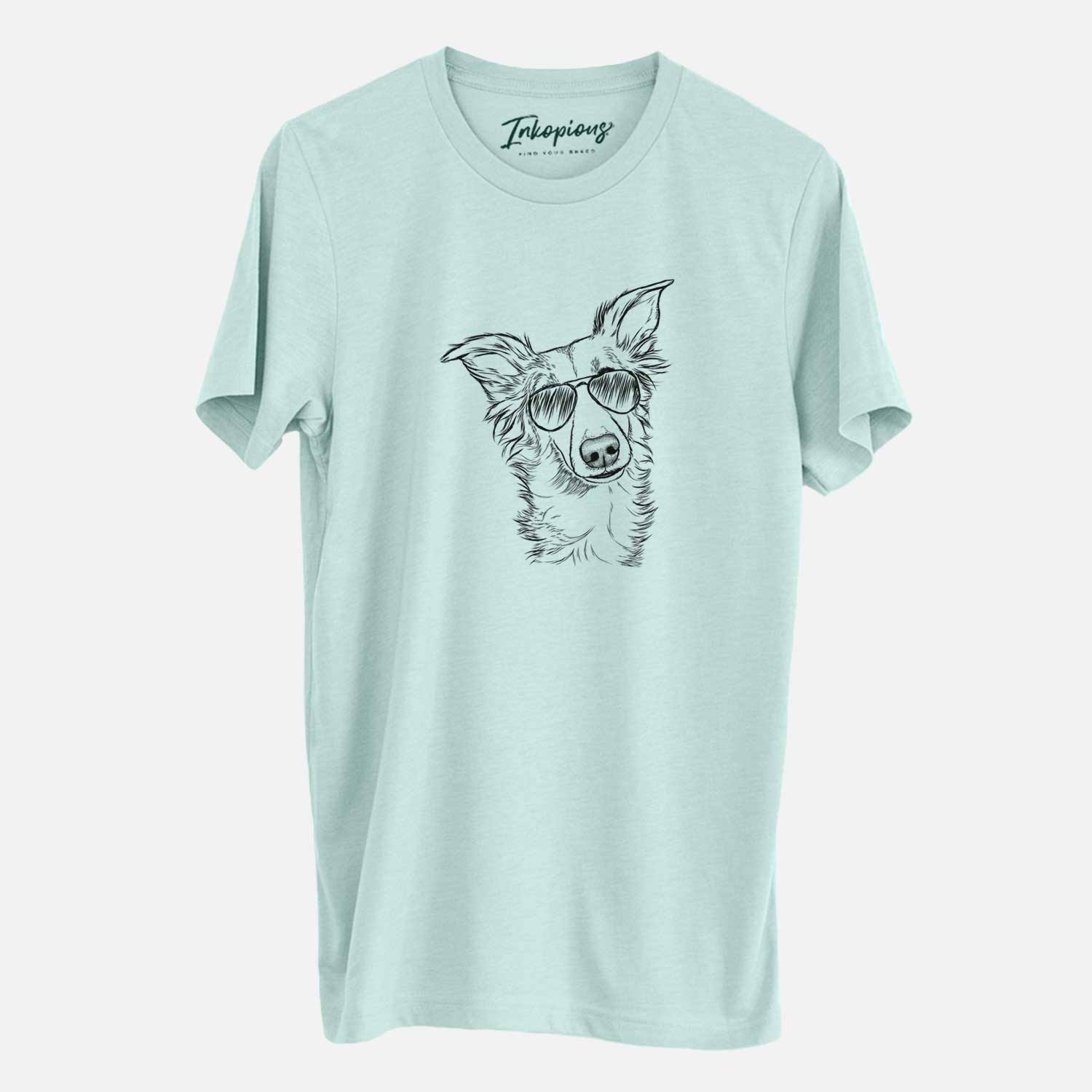 Hand-drawn sketch of Kyu the Windsprite wearing aviator sunglasses on a Heather Sage Unisex crewneck