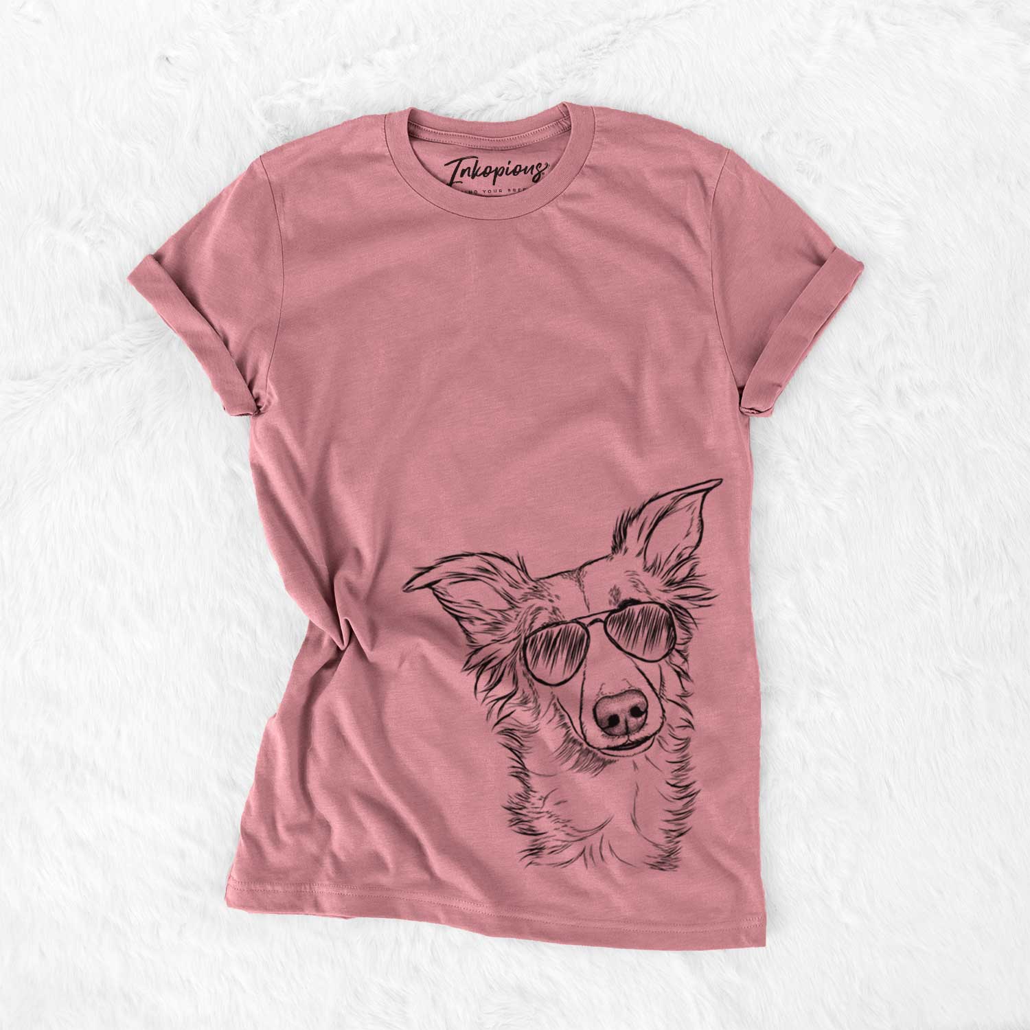 Hand-drawn sketch of Kyu the Windsprite wearing aviator sunglasses on a Mauve Unisex crewneck