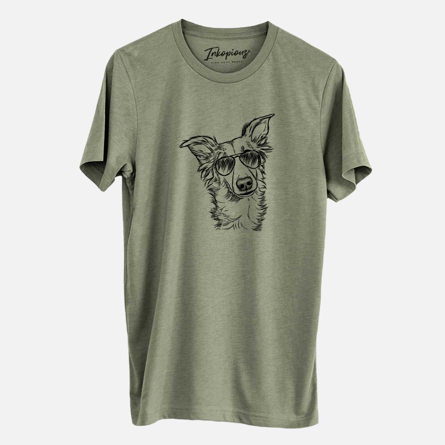 Hand-drawn sketch of Kyu the Windsprite wearing aviator sunglasses on an Olive Unisex crewneck