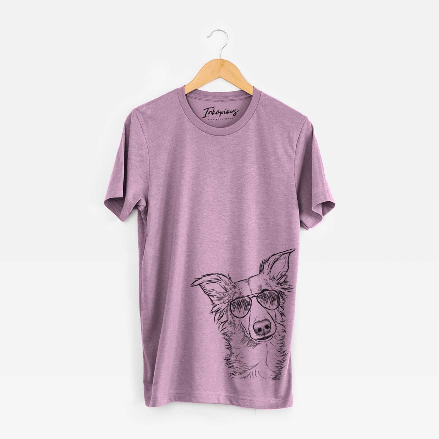 Hand-drawn sketch of Kyu the Windsprite wearing aviator sunglasses on an Orchid Unisex crewneck