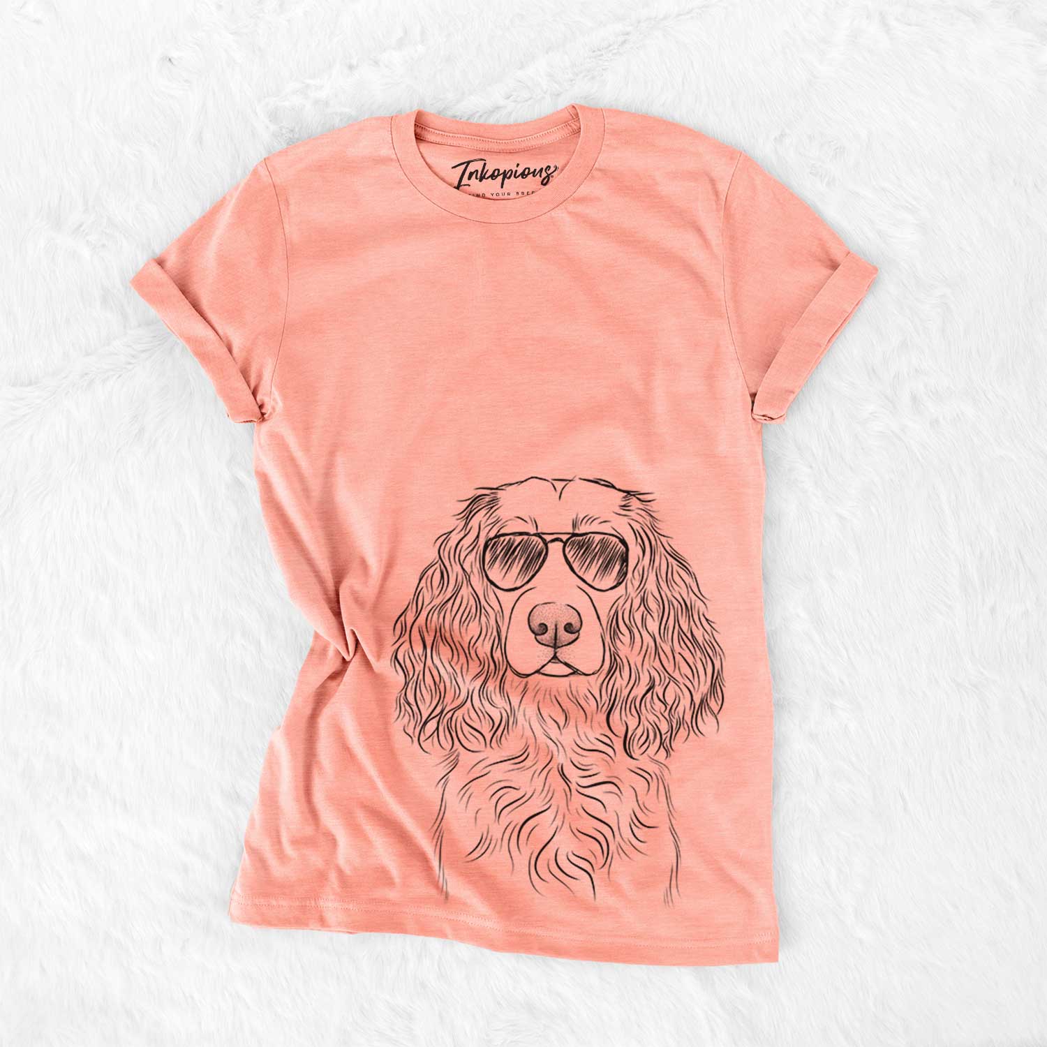 Hand-drawn sketch of Landry the Boykin Spaniel wearing aviator sunglasses on a Sunset Bella Canvas Unisex Crewneck