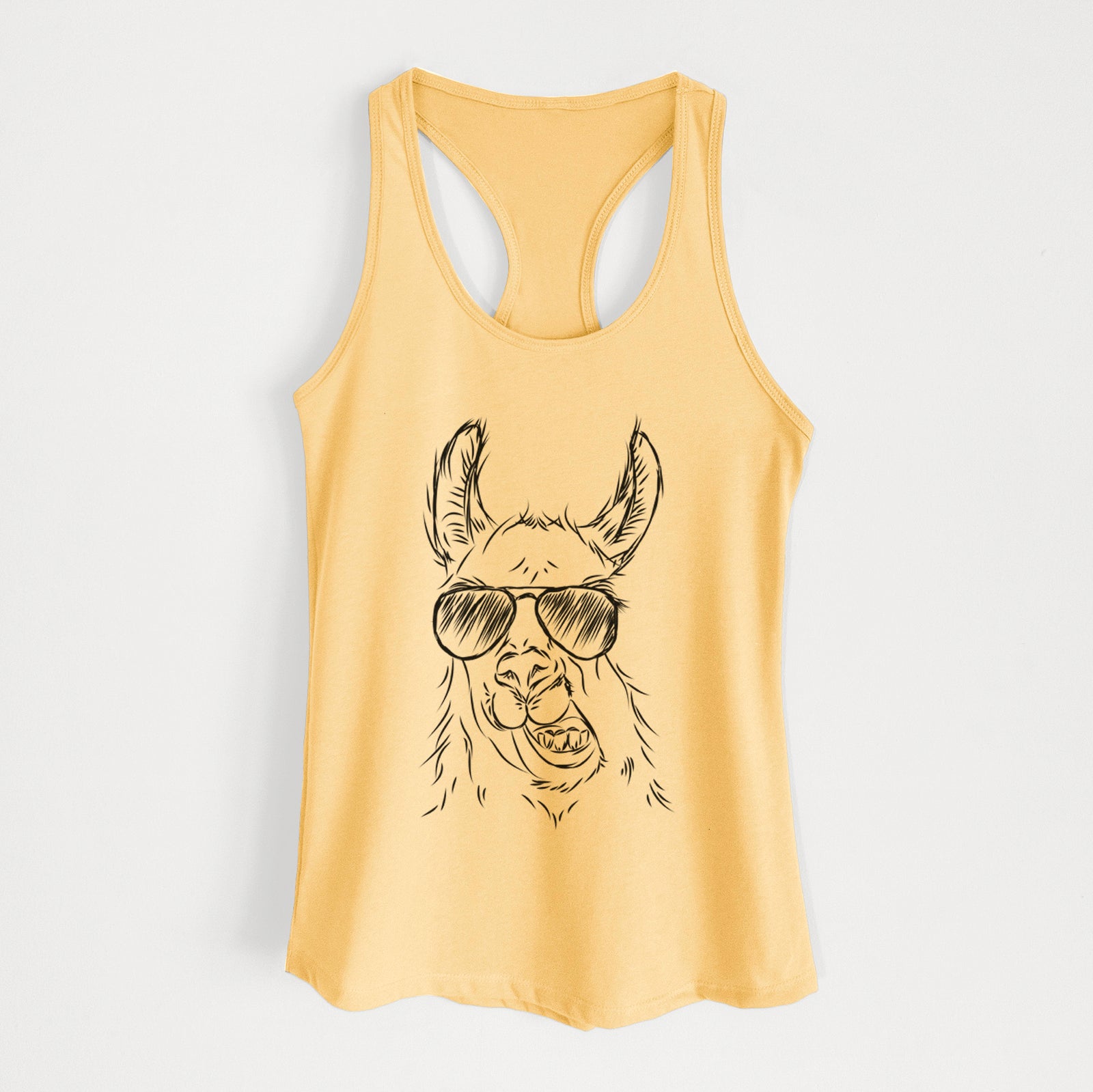 Hand-drawn sketch of Larry the Llama wearing aviator sunglasses on a Banana Cream Women's racerback tanktop