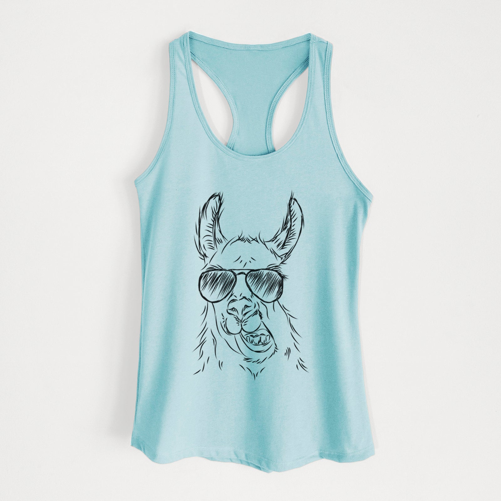 Hand-drawn sketch of Larry the Llama wearing aviator sunglasses on a Cancun Blue Women's racerback tanktop
