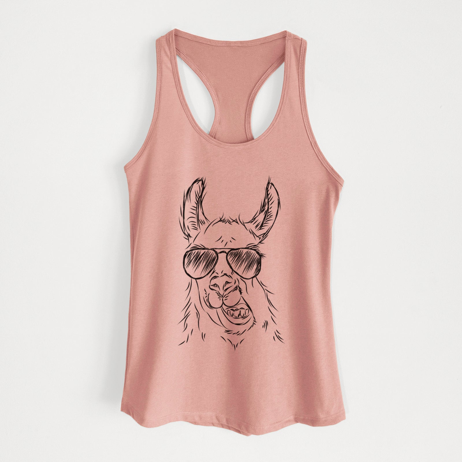 Hand-drawn sketch of Larry the Llama wearing aviator sunglasses on a Desert Pink Women's racerback tanktop