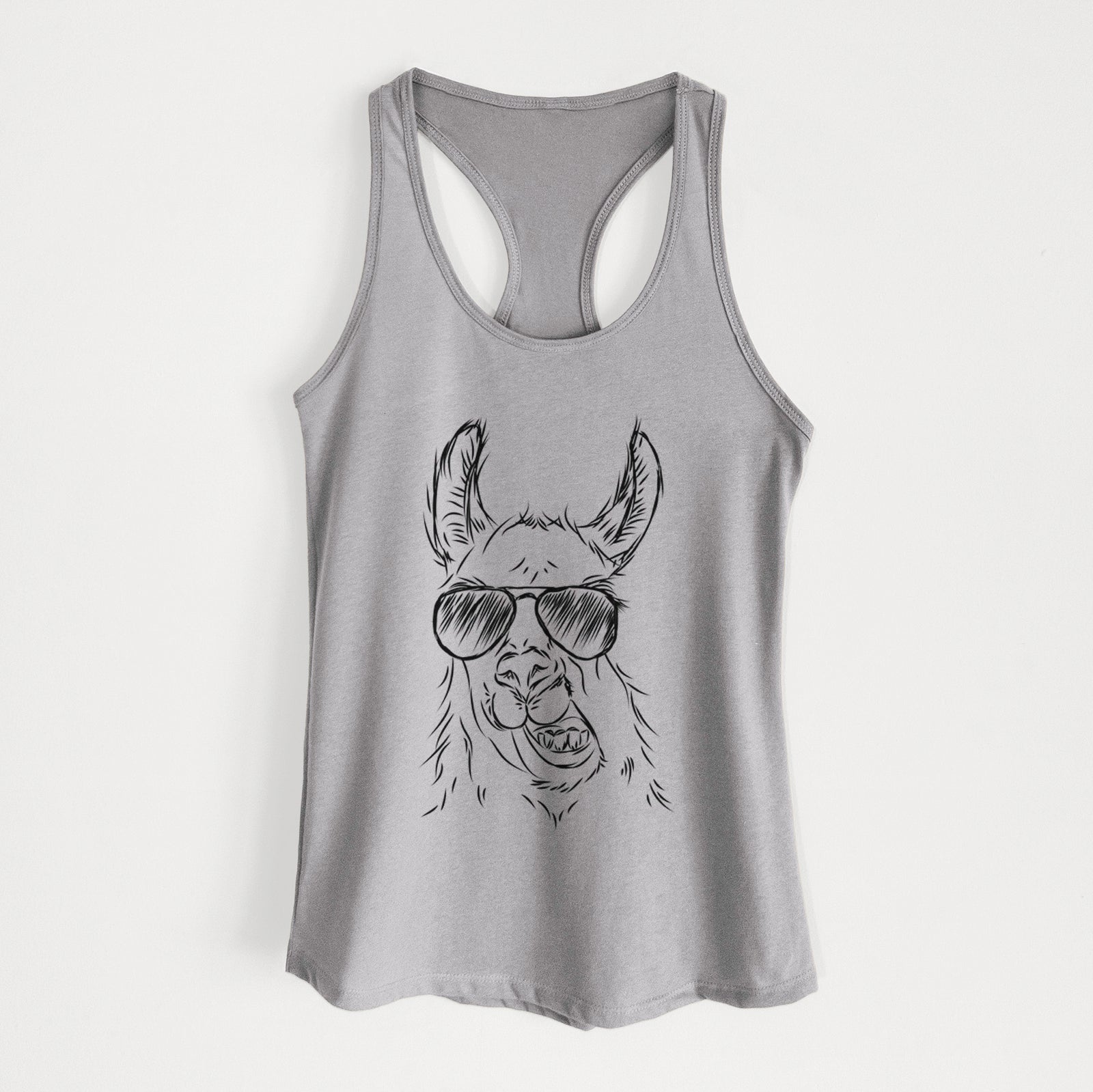 Hand-drawn sketch of Larry the Llama wearing aviator sunglasses on a Heather Grey Women's racerback tanktop