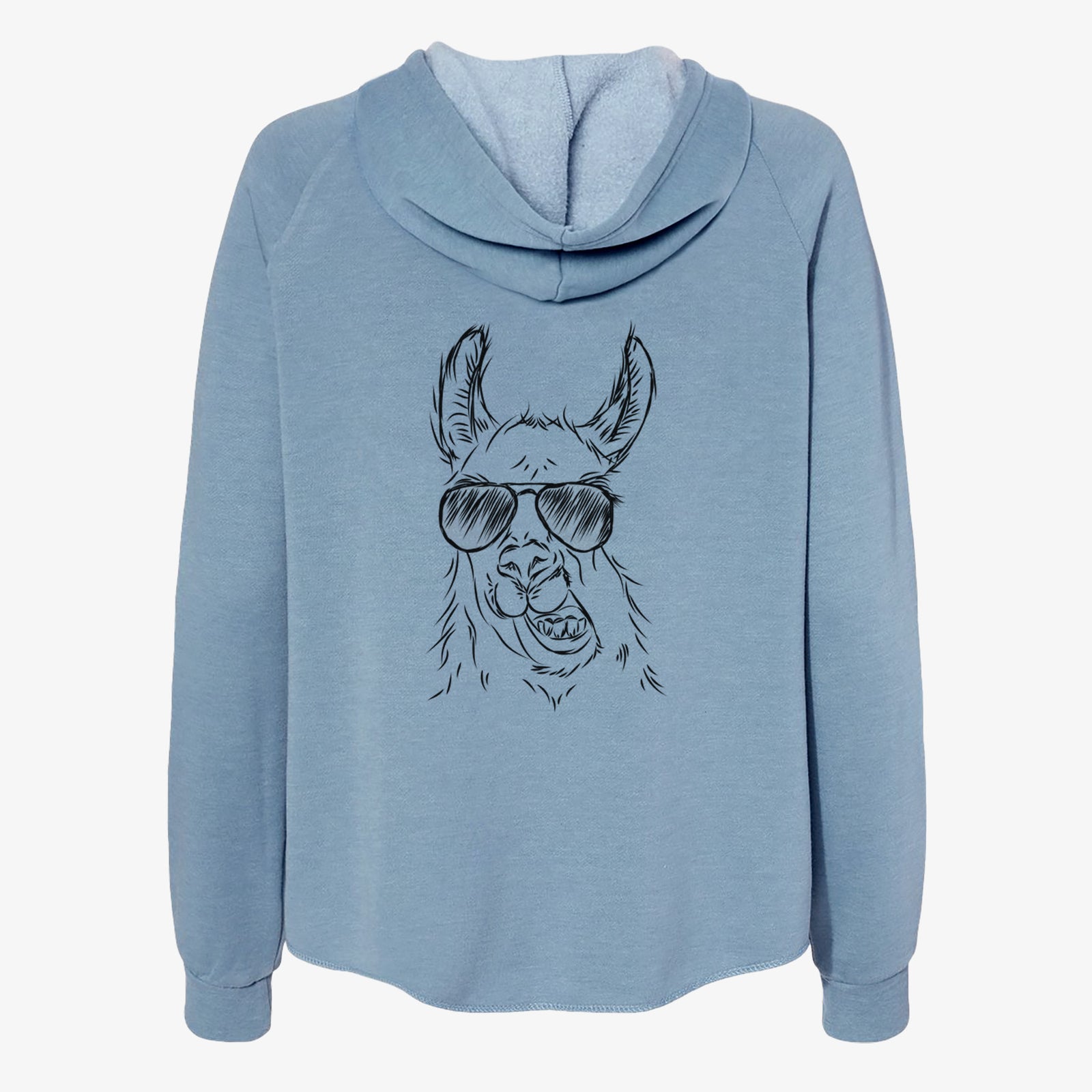 Hand-drawn sketch of Larry the Llama wearing aviator sunglasses on a Misty Blue Women's cali wave zip-up sweatshirt
