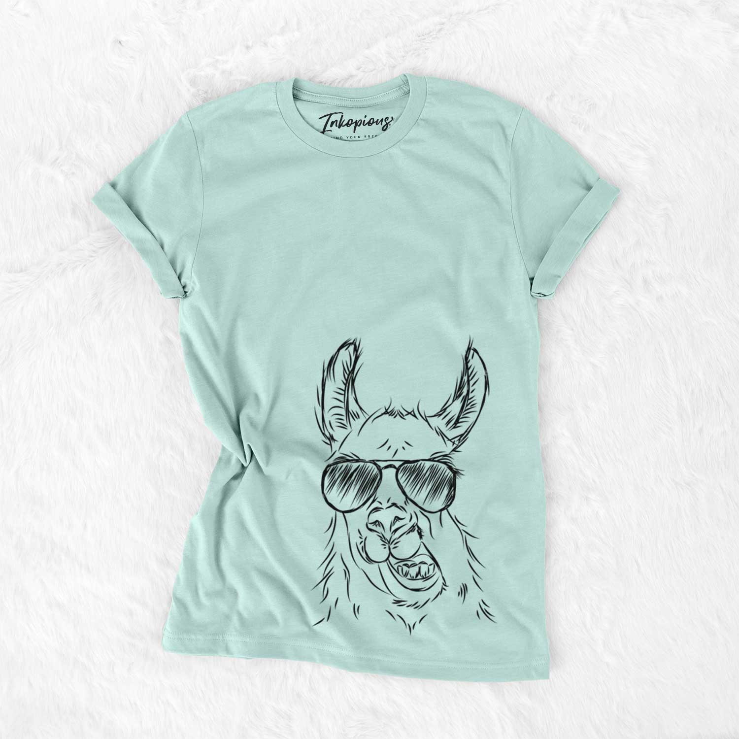 Hand-drawn sketch of Larry the Llama wearing aviator sunglasses on a Heather Sage Unisex crewneck