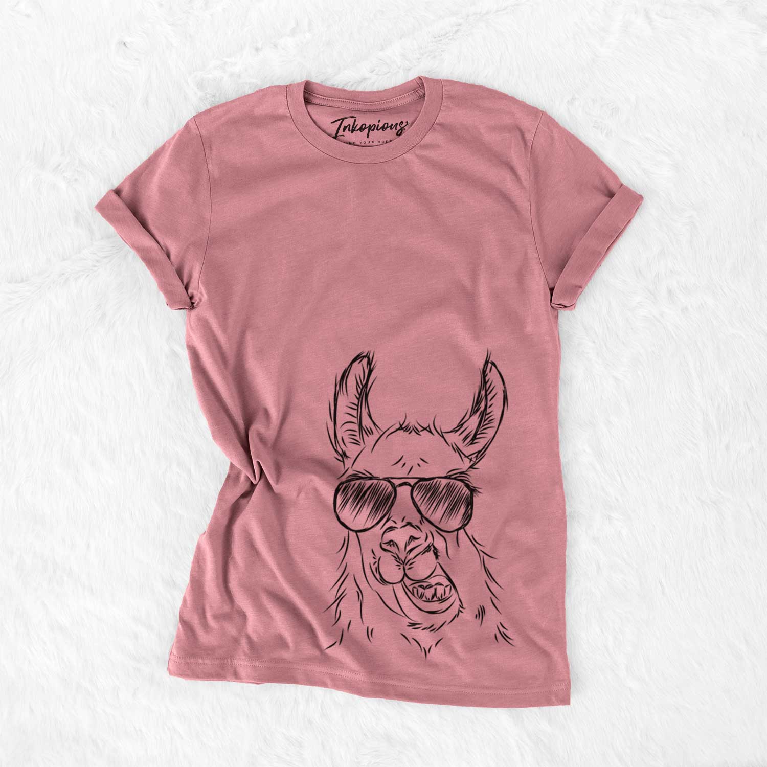Hand-drawn sketch of Larry the Llama wearing aviator sunglasses on a Mauve Unisex crewneck