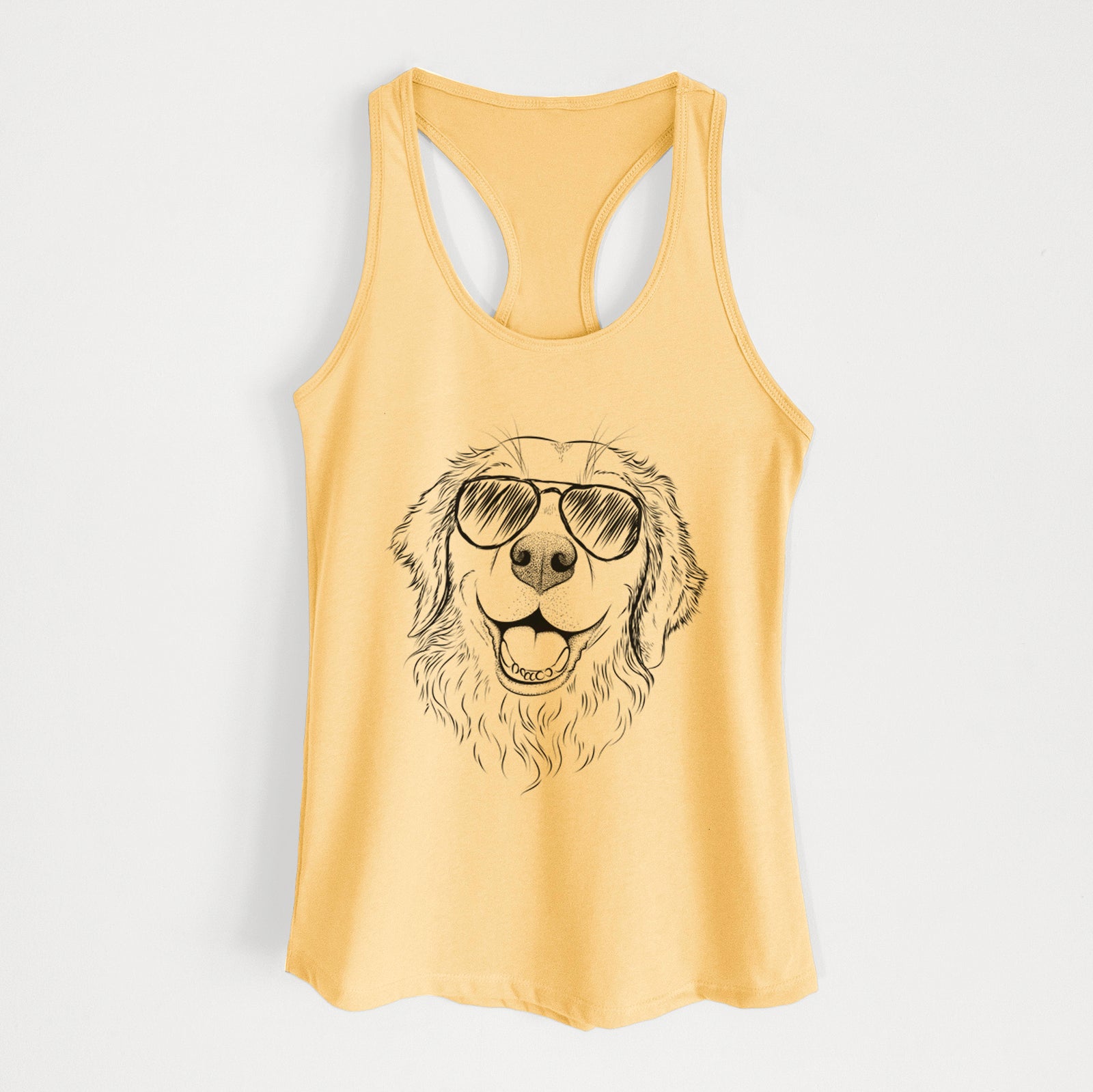 Hand-drawn sketch of Legend the Golden Retriever wearing aviator sunglasses on a Banana Cream Women's racerback tanktop