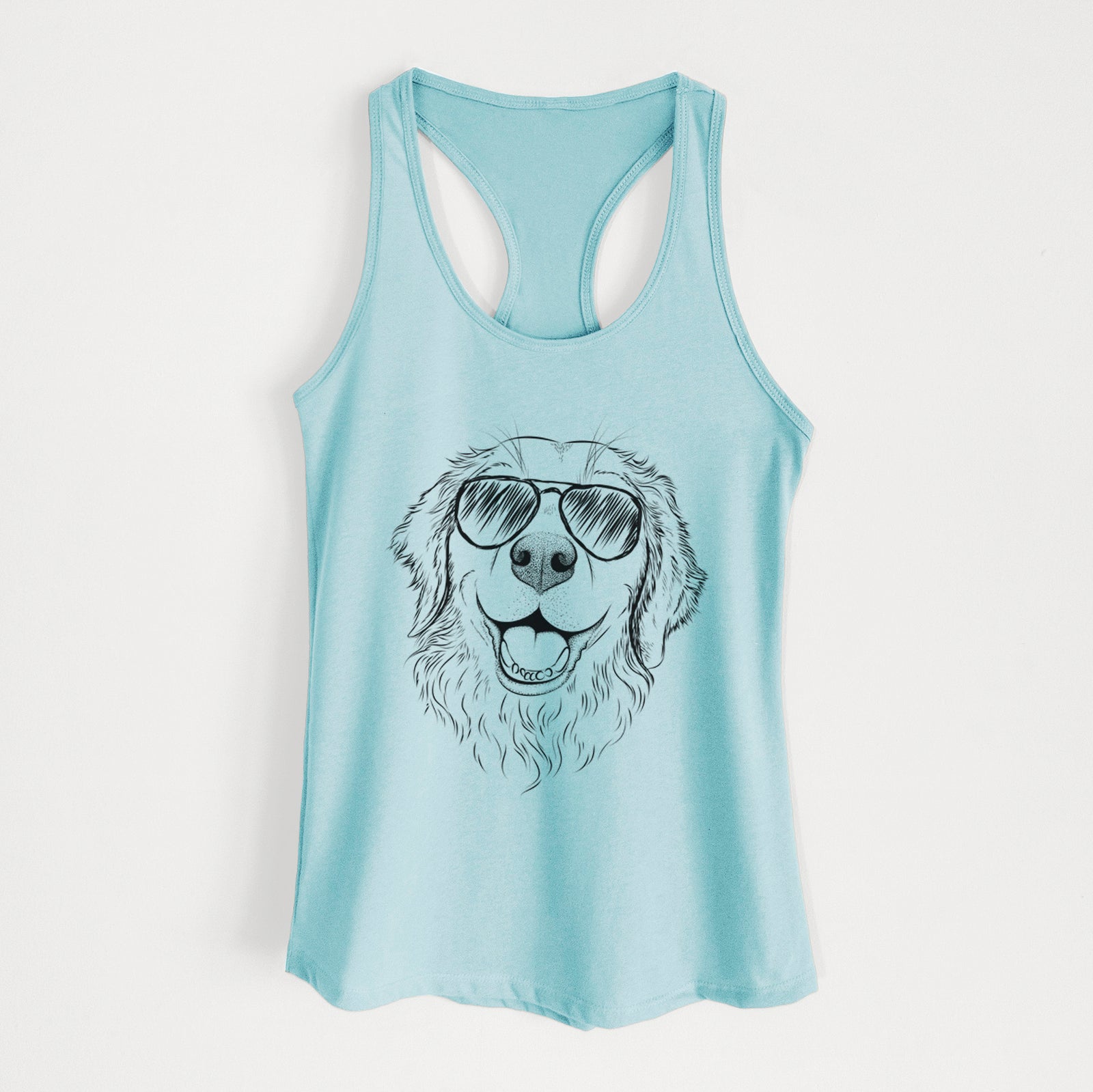 Hand-drawn sketch of Legend the Golden Retriever wearing aviator sunglasses on a Cancun Blue Women's racerback tanktop