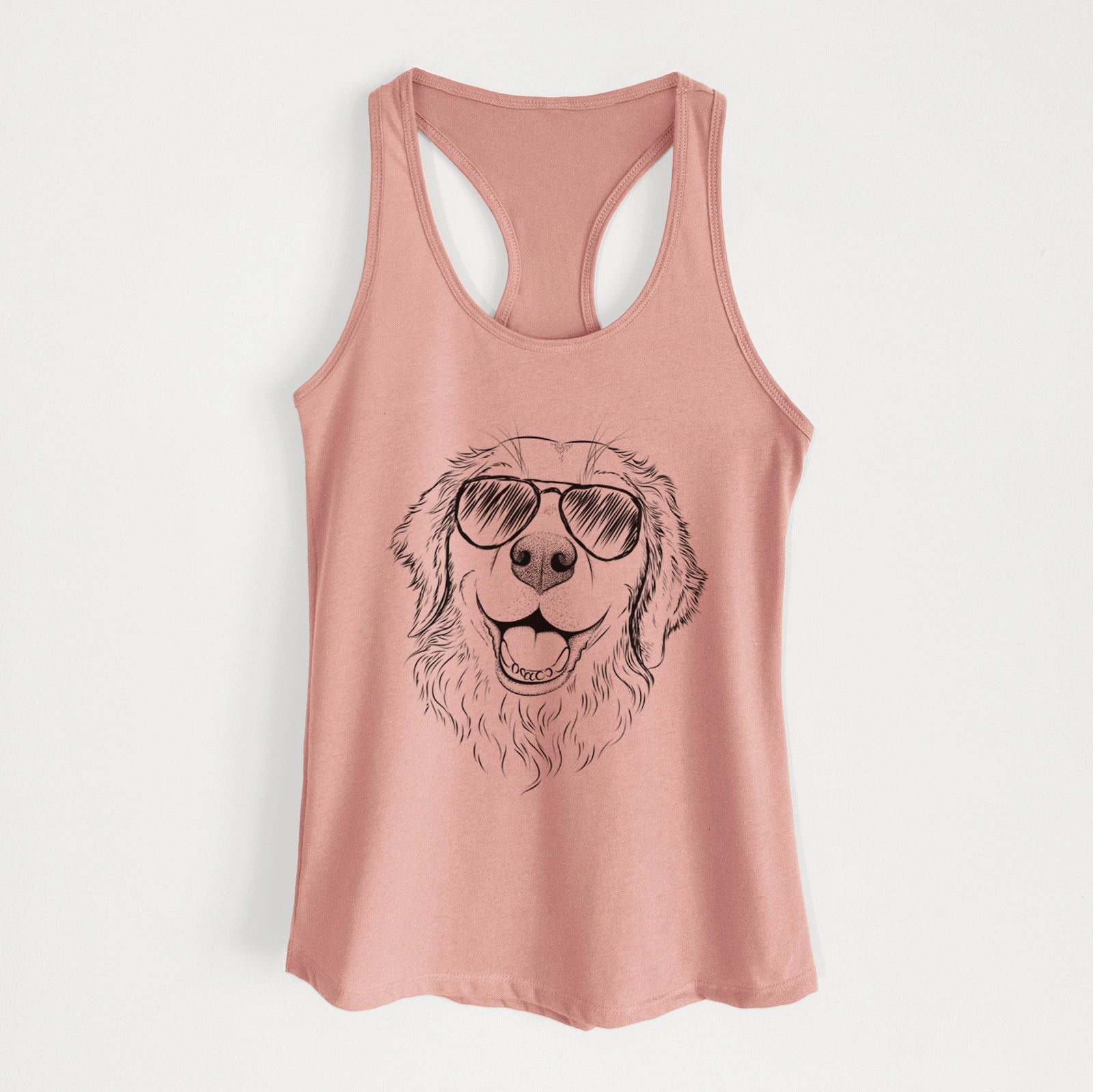 Hand-drawn sketch of Legend the Golden Retriever wearing aviator sunglasses on a Desert Pink Women's racerback tanktop