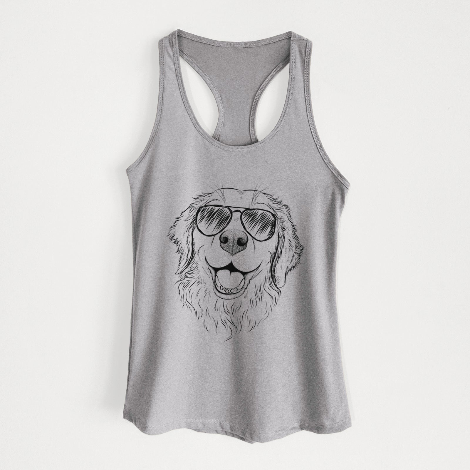 Hand-drawn sketch of Legend the Golden Retriever wearing aviator sunglasses on a Heather Grey Women's racerback tanktop