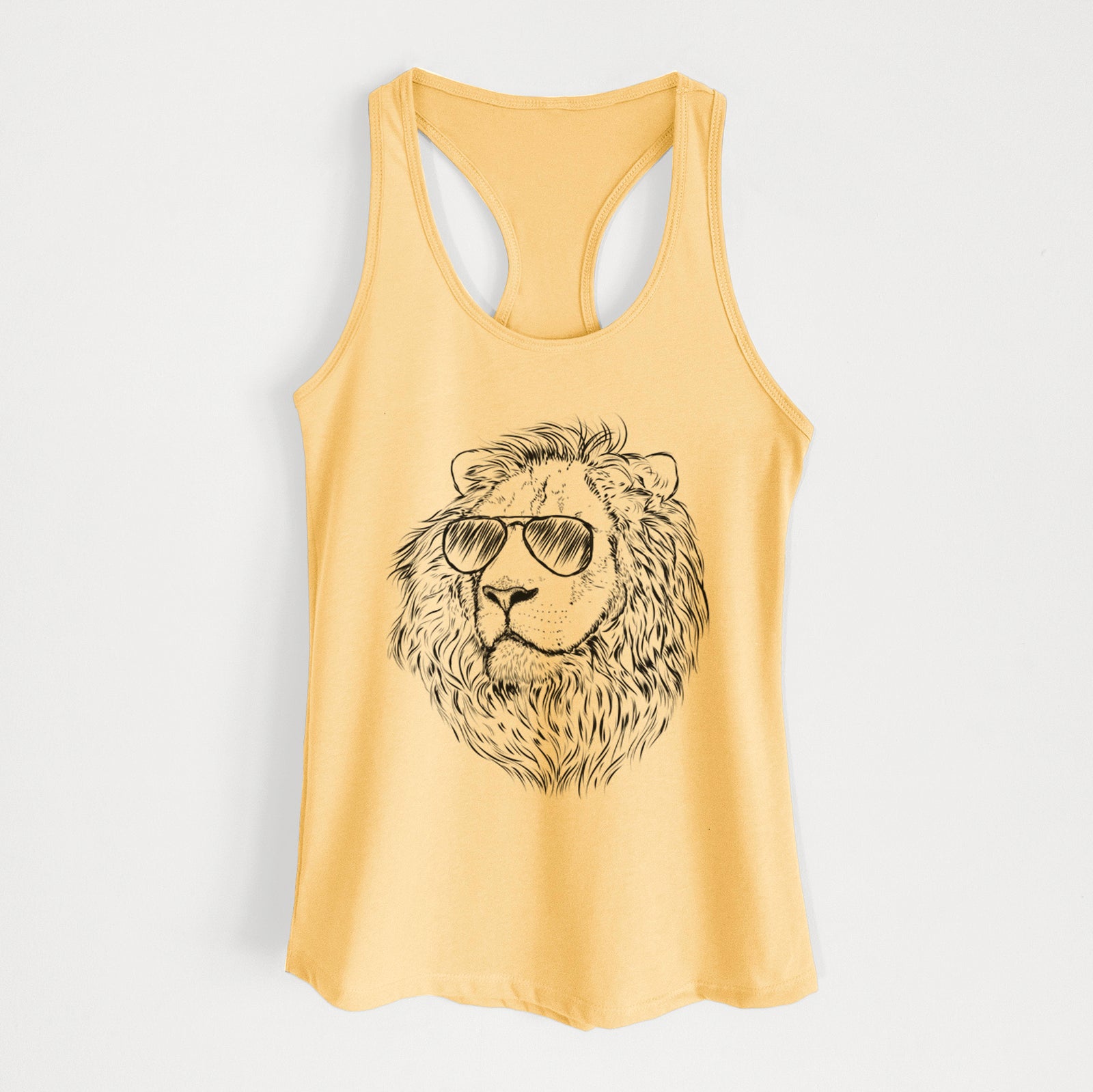 Hand-drawn sketch of Lenny the Lion wearing aviator sunglasses on a Banana Cream Women's racerback tanktop