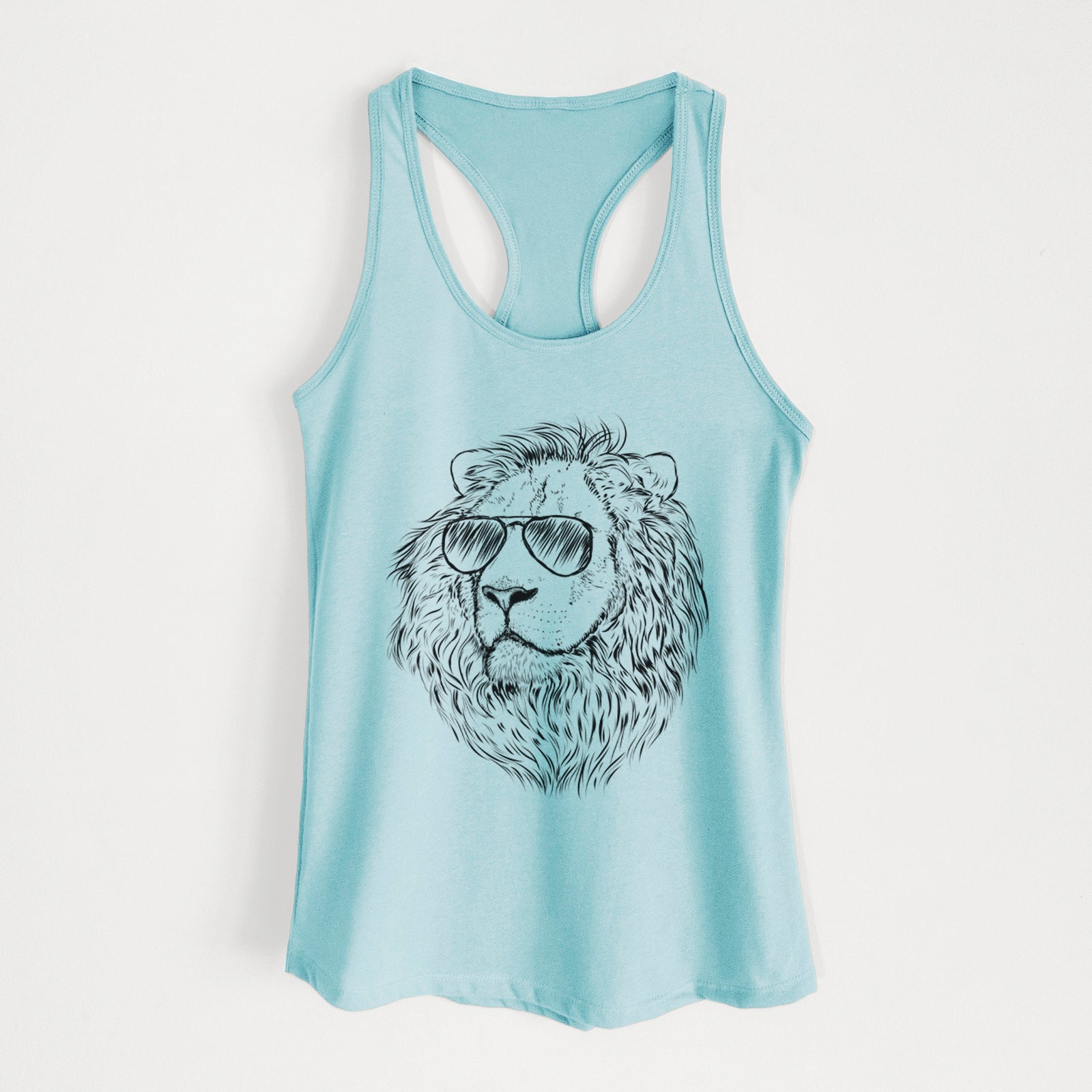 Hand-drawn sketch of Lenny the Lion wearing aviator sunglasses on a Cancun Blue Women's racerback tanktop