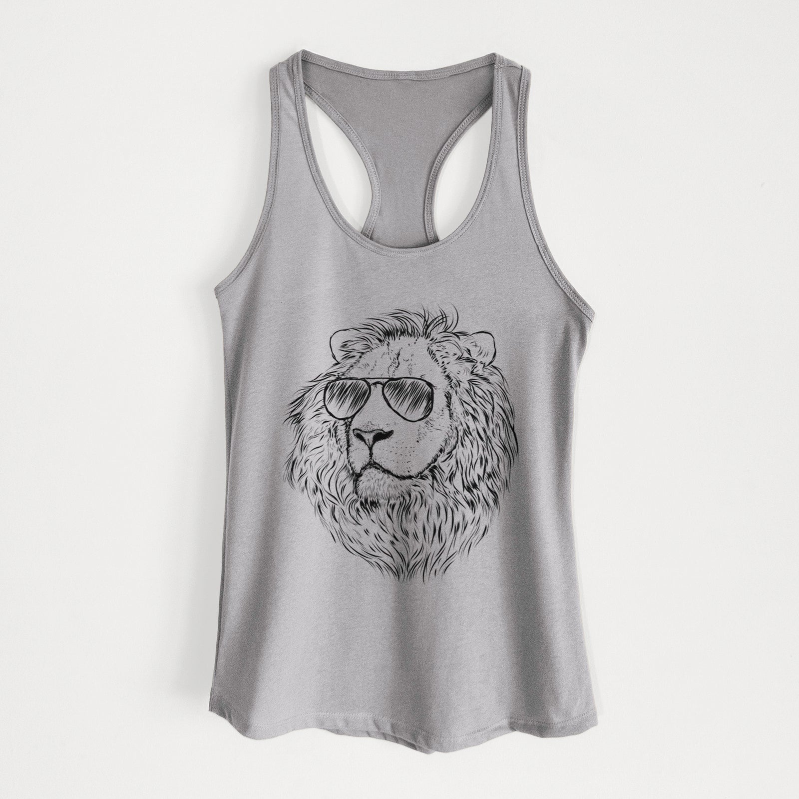 Hand-drawn sketch of Lenny the Lion wearing aviator sunglasses on a Heather Grey Women's racerback tanktop