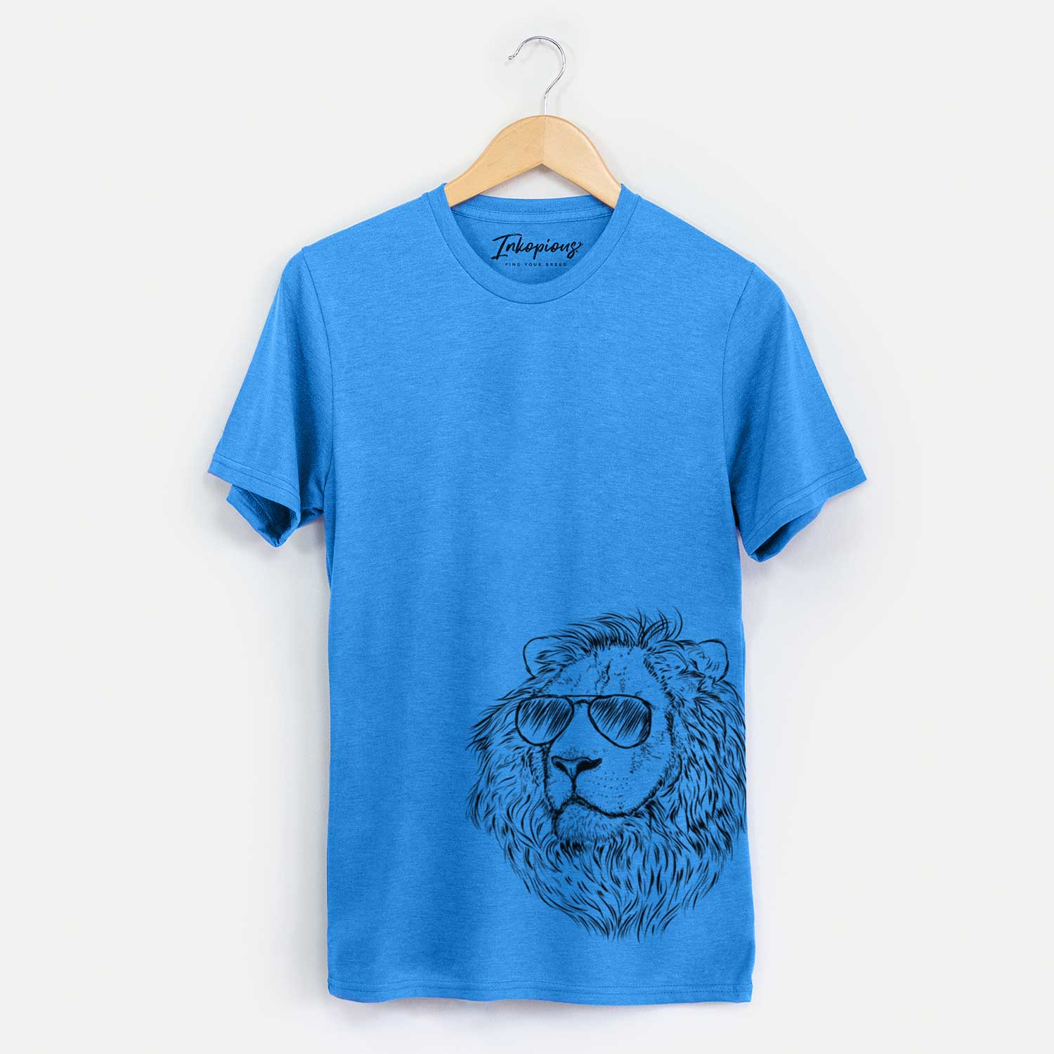 Hand-drawn sketch of Lenny the Lion wearing aviator sunglasses on a Blue Unisex crewneck