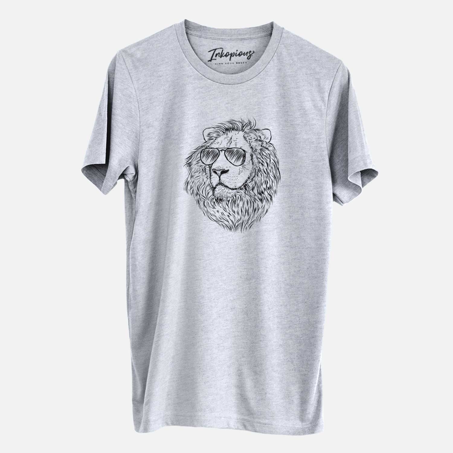 Hand-drawn sketch of Lenny the Lion wearing aviator sunglasses on a Grey Unisex crewneck