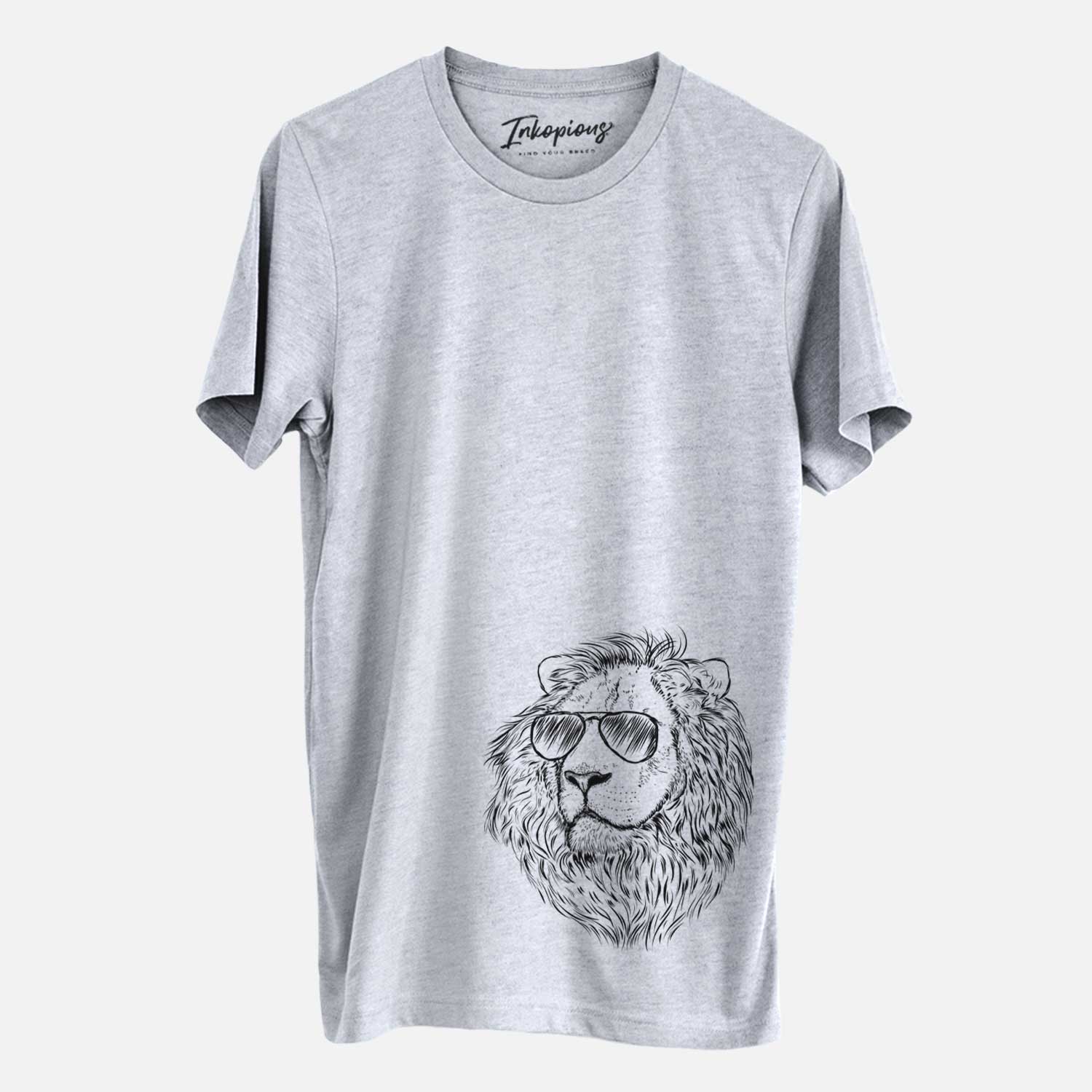 Hand-drawn sketch of Lenny the Lion wearing aviator sunglasses on a Grey Unisex crewneck