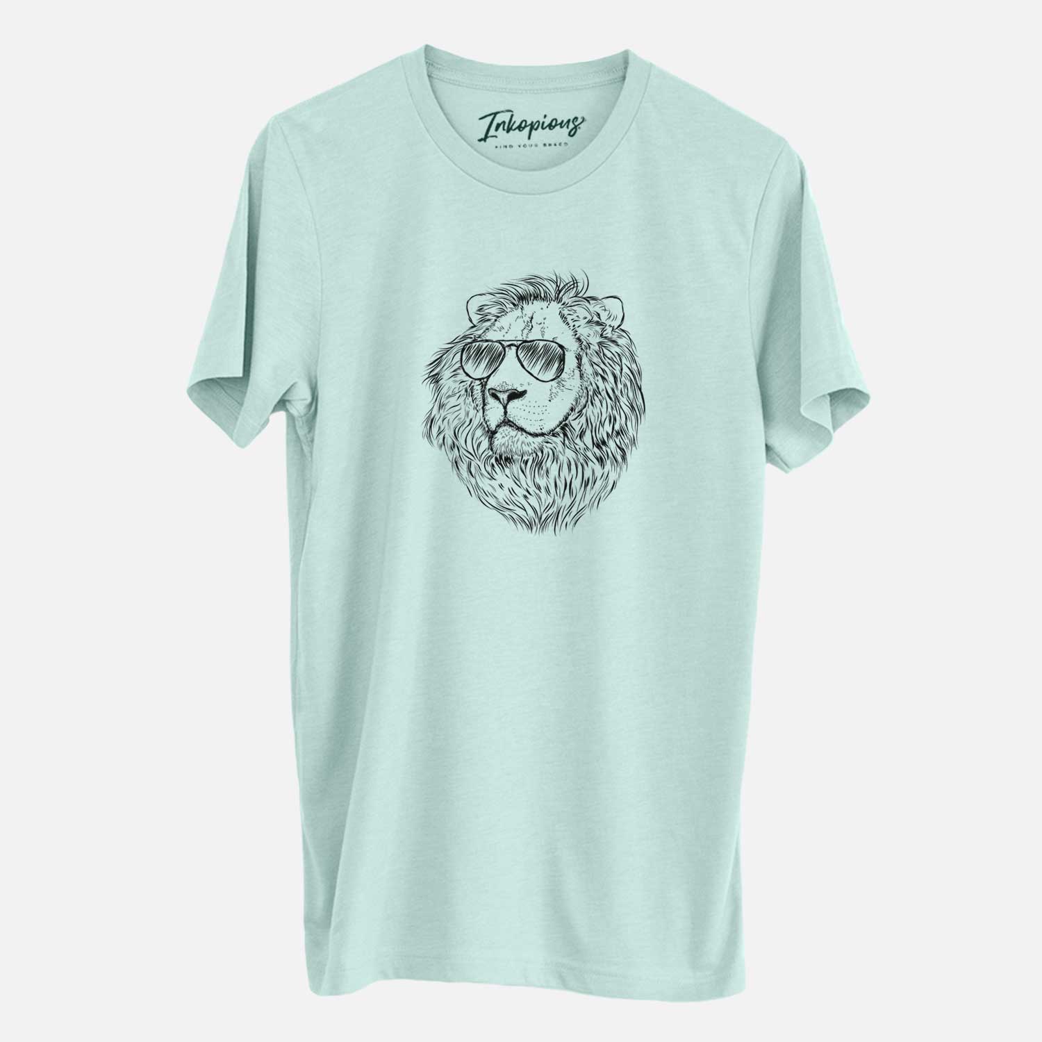 Hand-drawn sketch of Lenny the Lion wearing aviator sunglasses on a Heather Sage Unisex crewneck