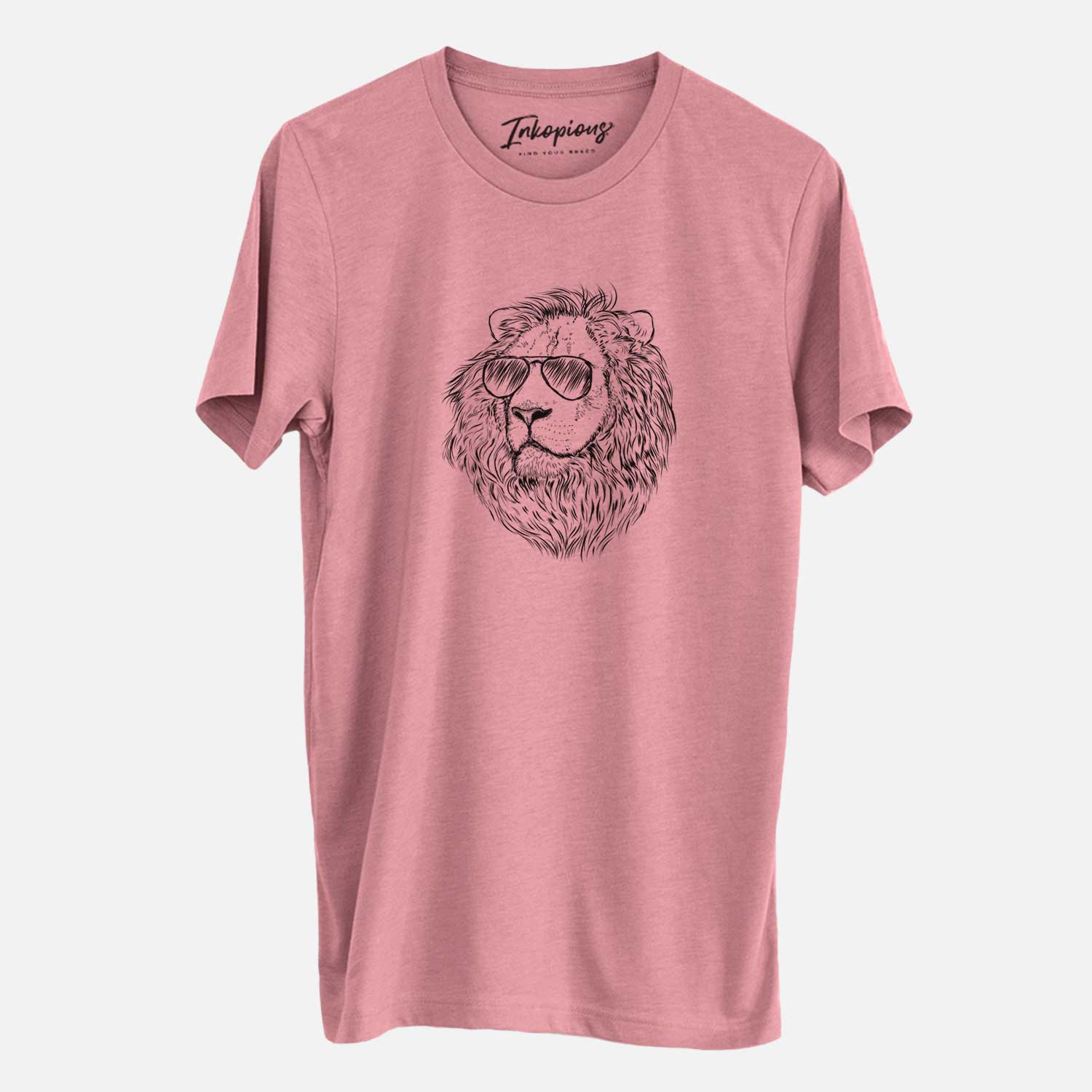 Hand-drawn sketch of Lenny the Lion wearing aviator sunglasses on a Mauve Unisex crewneck