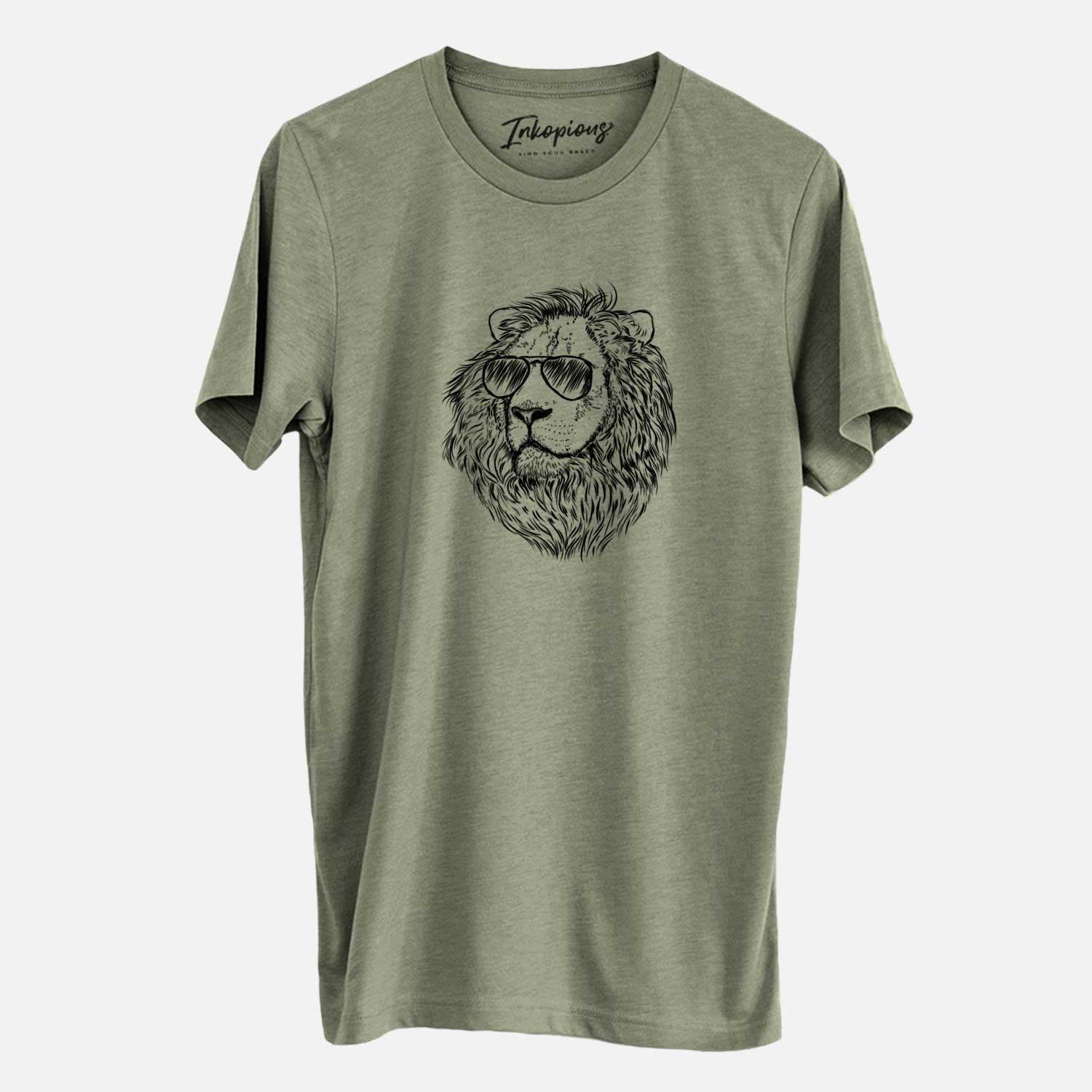 Hand-drawn sketch of Lenny the Lion wearing aviator sunglasses on an Olive Unisex crewneck