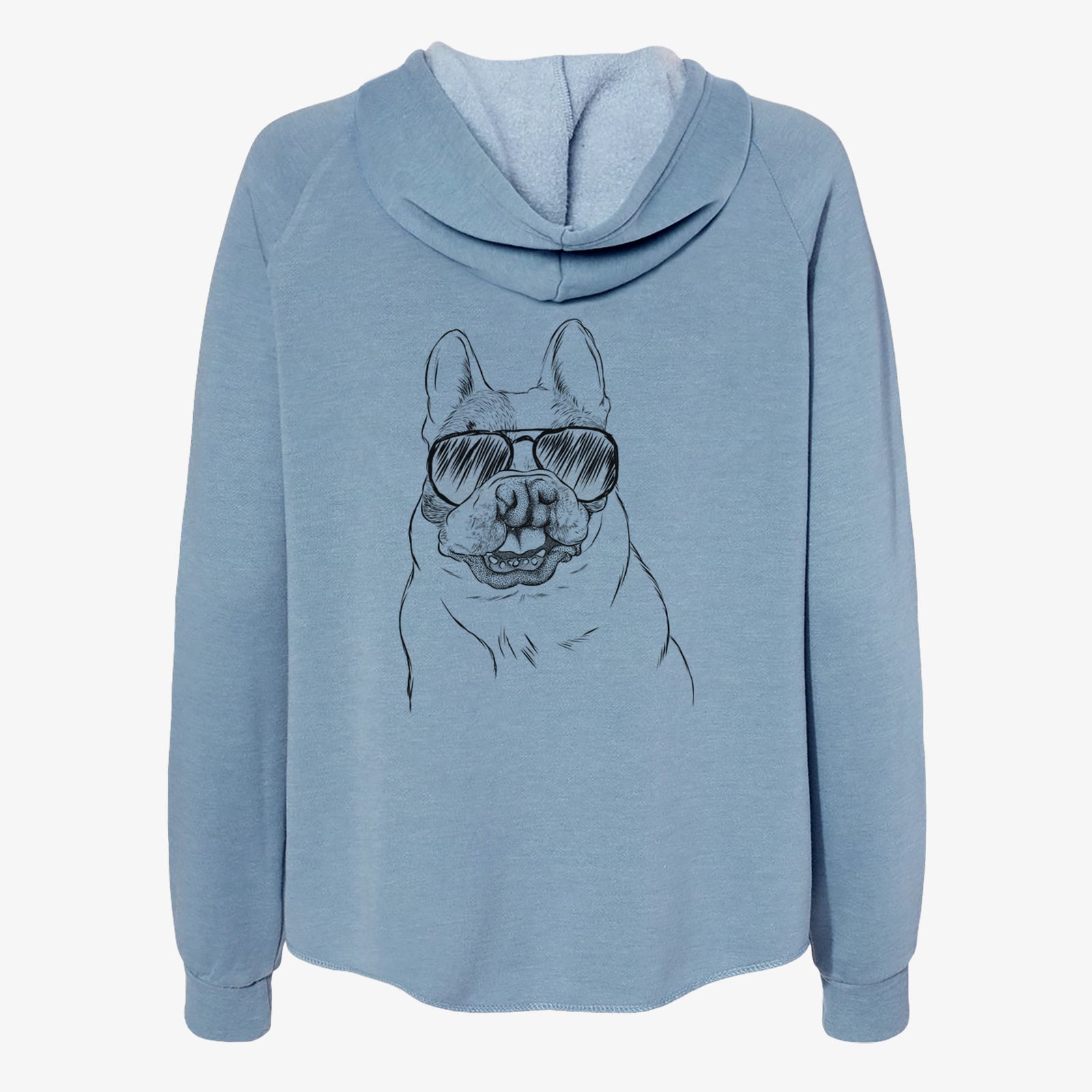 Hand-drawn sketch of Lentil the French Bulldog wearing aviator sunglasses on a Misty Blue Women's cali wave zip-up sweatshirt