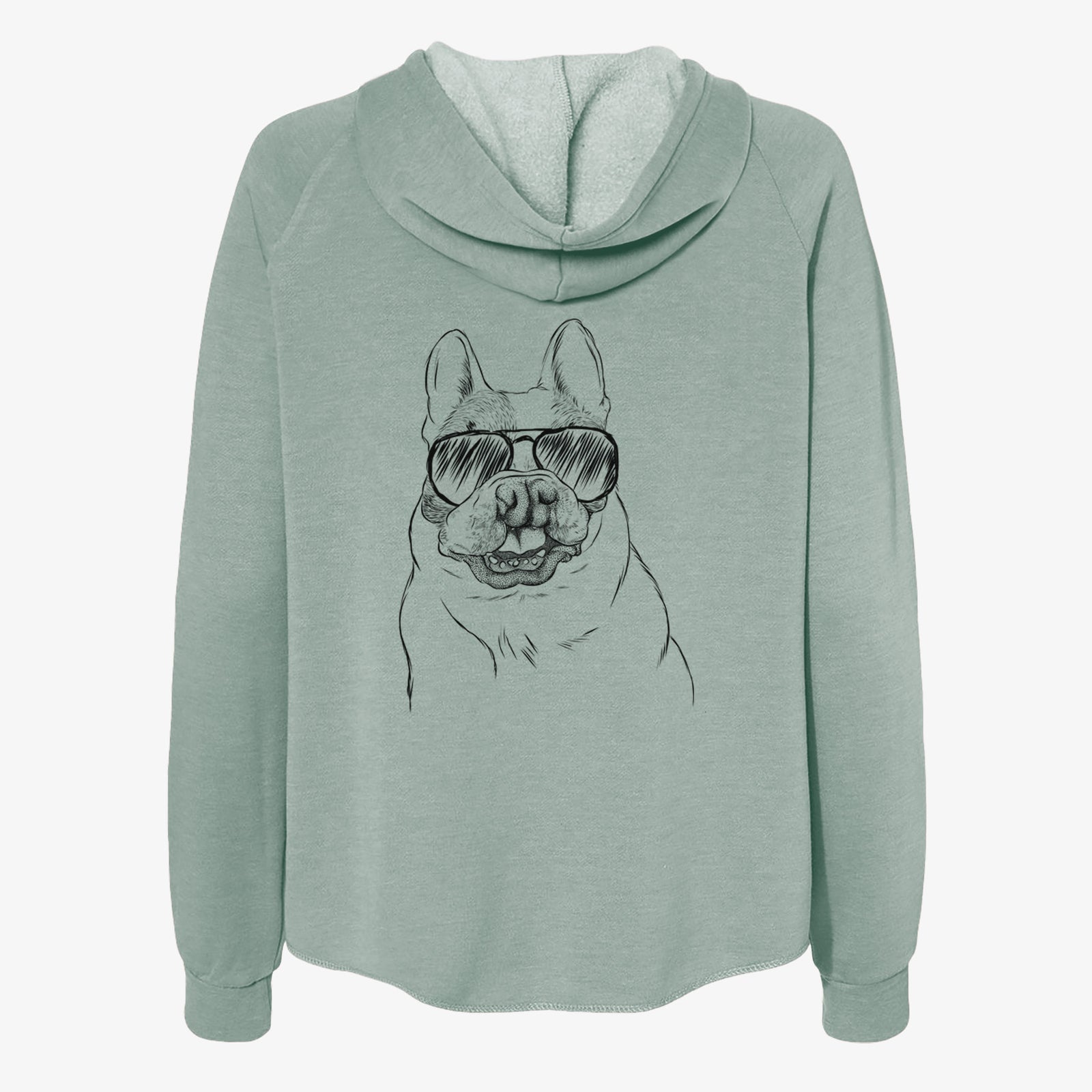 Hand-drawn sketch of Lentil the French Bulldog wearing aviator sunglasses on a Sage Women's cali wave zip-up sweatshirt