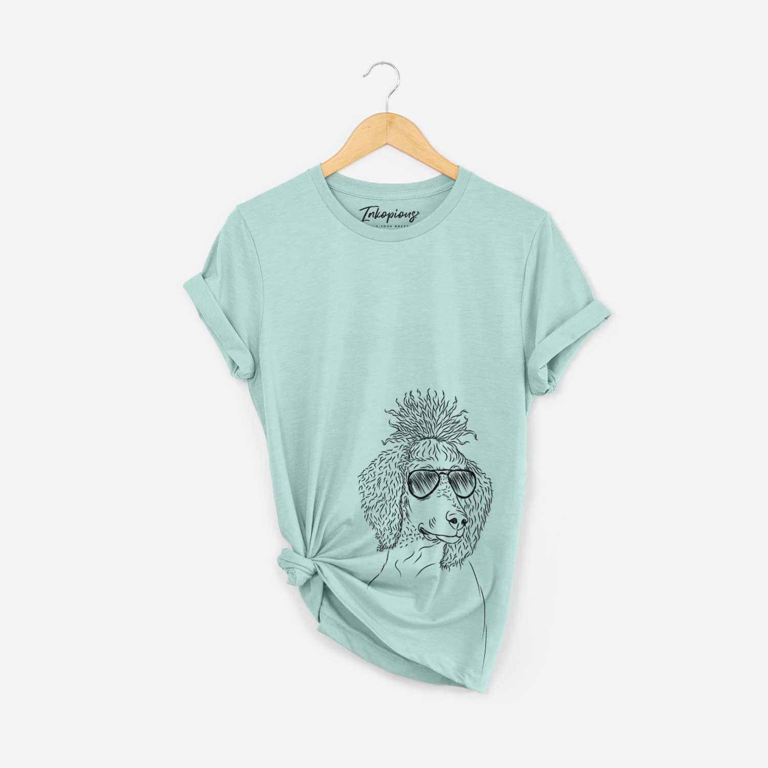 Hand-drawn sketch of Leo the Poodle wearing aviator sunglasses on a Heather Sage Bella Canvas Unisex Crewneck