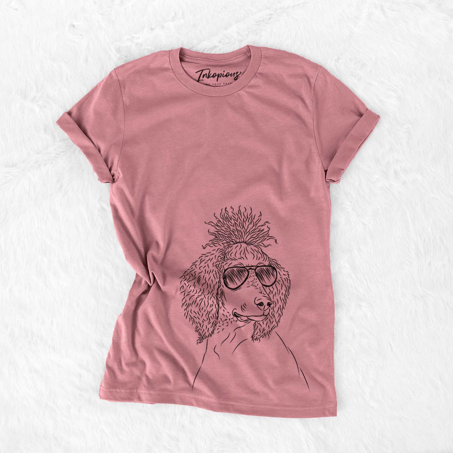 Hand-drawn sketch of Leo the Poodle wearing aviator sunglasses on a Mauve Bella Canvas Unisex Crewneck