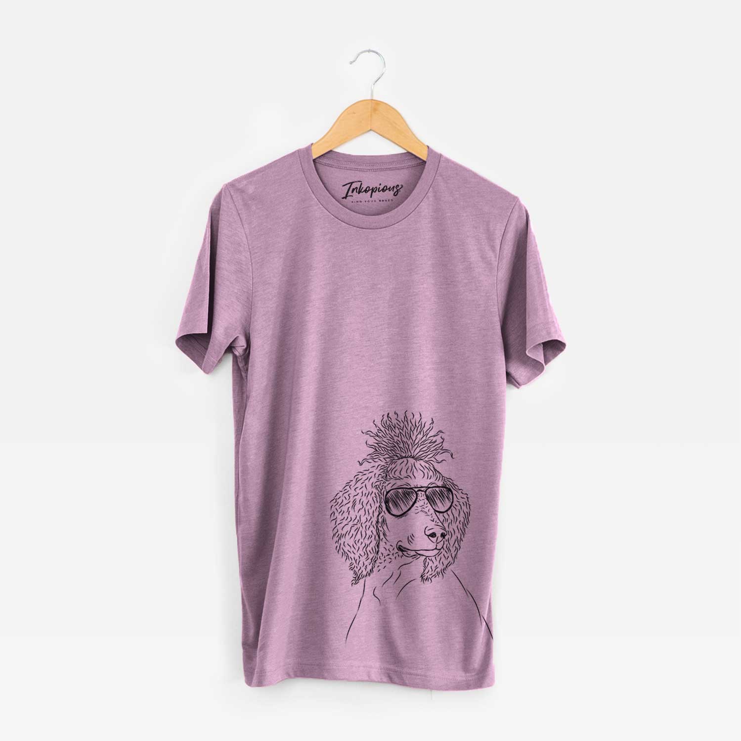 Hand-drawn sketch of Leo the Poodle wearing aviator sunglasses on an Orchid Bella Canvas Unisex Crewneck
