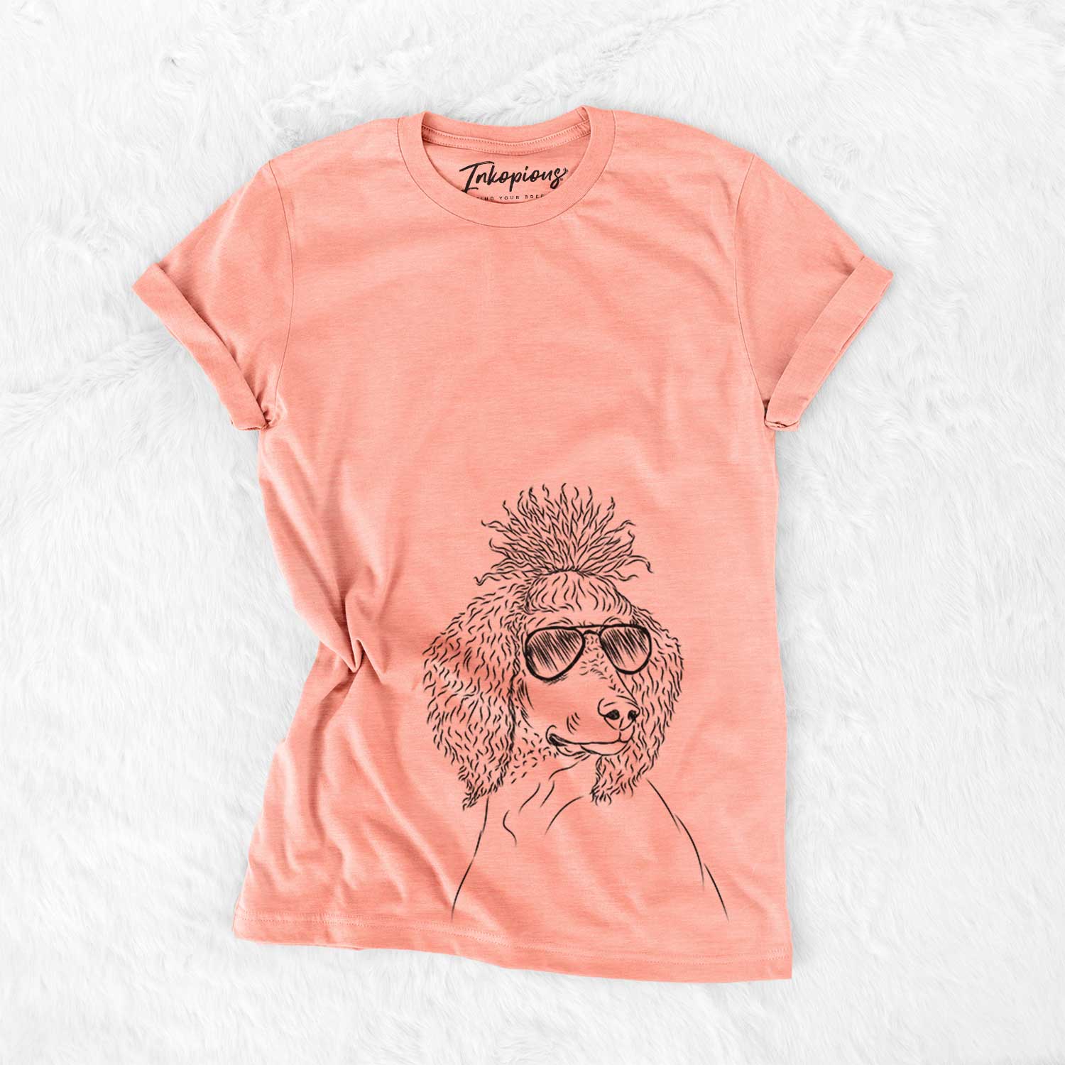 Hand-drawn sketch of Leo the Poodle wearing aviator sunglasses on a Sunset Bella Canvas Unisex Crewneck