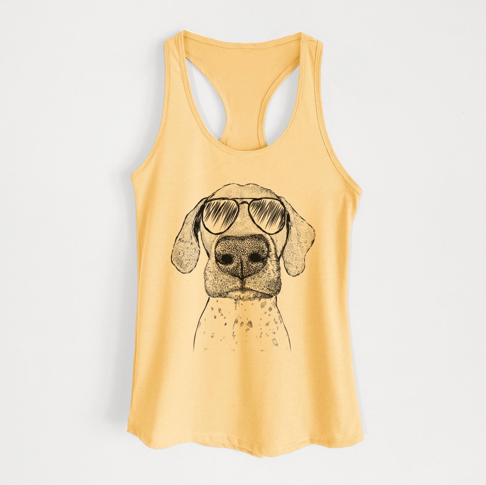 Hand-drawn sketch of Leroy the German Shorthaired Pointer wearing aviator sunglasses on a Banana Cream Women's racerback tanktop