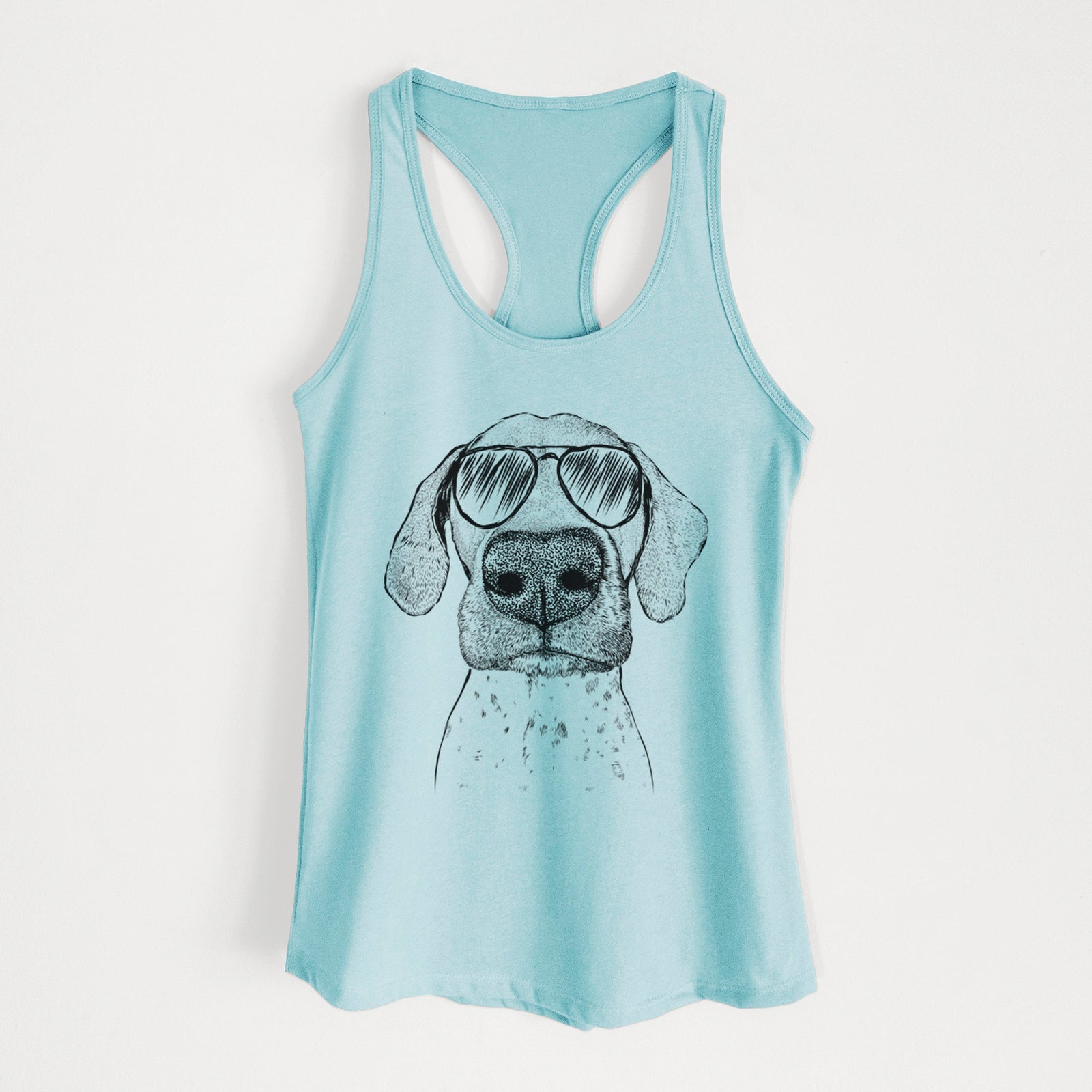Hand-drawn sketch of Leroy the German Shorthaired Pointer wearing aviator sunglasses on a Cancun Blue Women's racerback tanktop