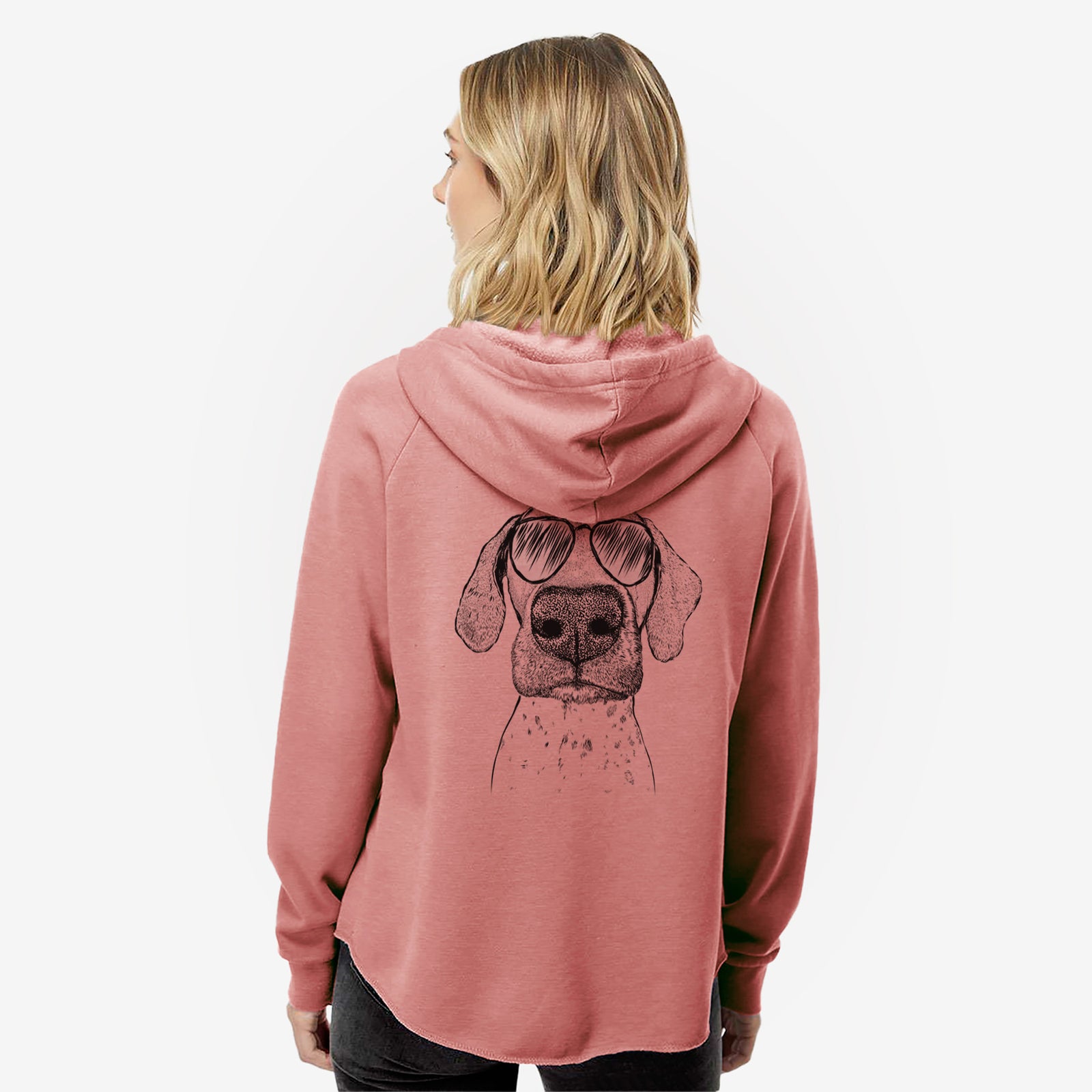 Hand-drawn sketch of Leroy the German Shorthaired Pointer wearing aviator sunglasses on a Dusty Rose Women's cali wave zip-up sweatshirt