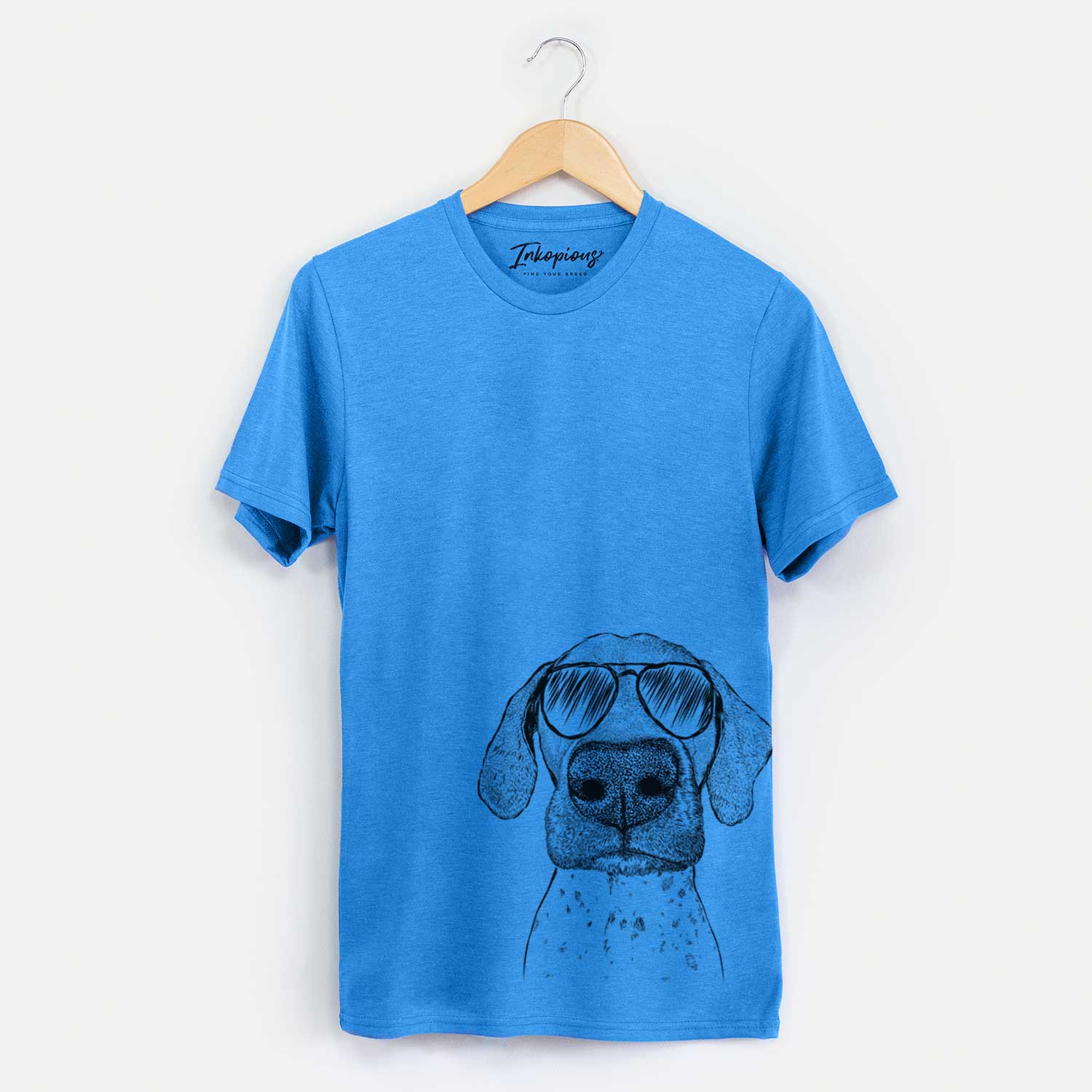 Hand-drawn sketch of Leroy the German Shorthaired Pointer wearing aviator sunglasses on a Blue Unisex crewneck