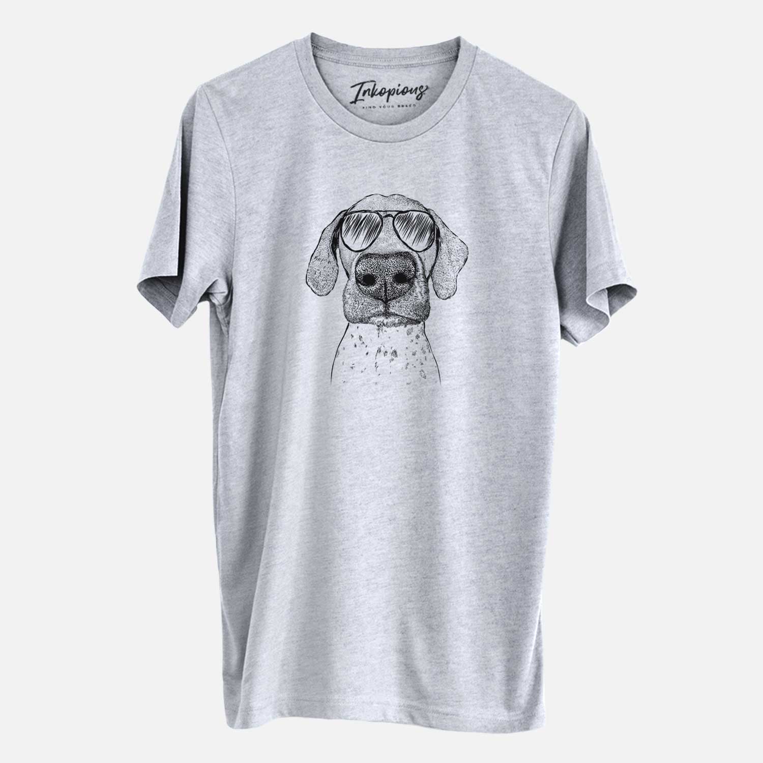 Hand-drawn sketch of Leroy the German Shorthaired Pointer wearing aviator sunglasses on a Grey Unisex crewneck