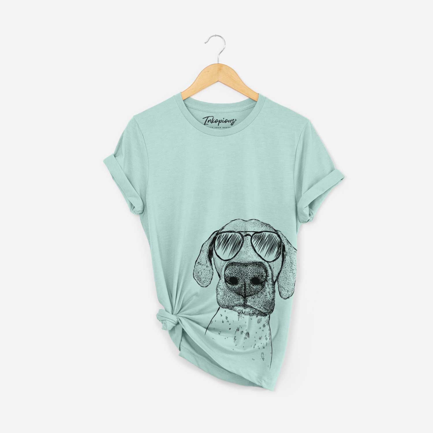 Hand-drawn sketch of Leroy the German Shorthaired Pointer wearing aviator sunglasses on a Heather Sage Bella Canvas Unisex Crewneck