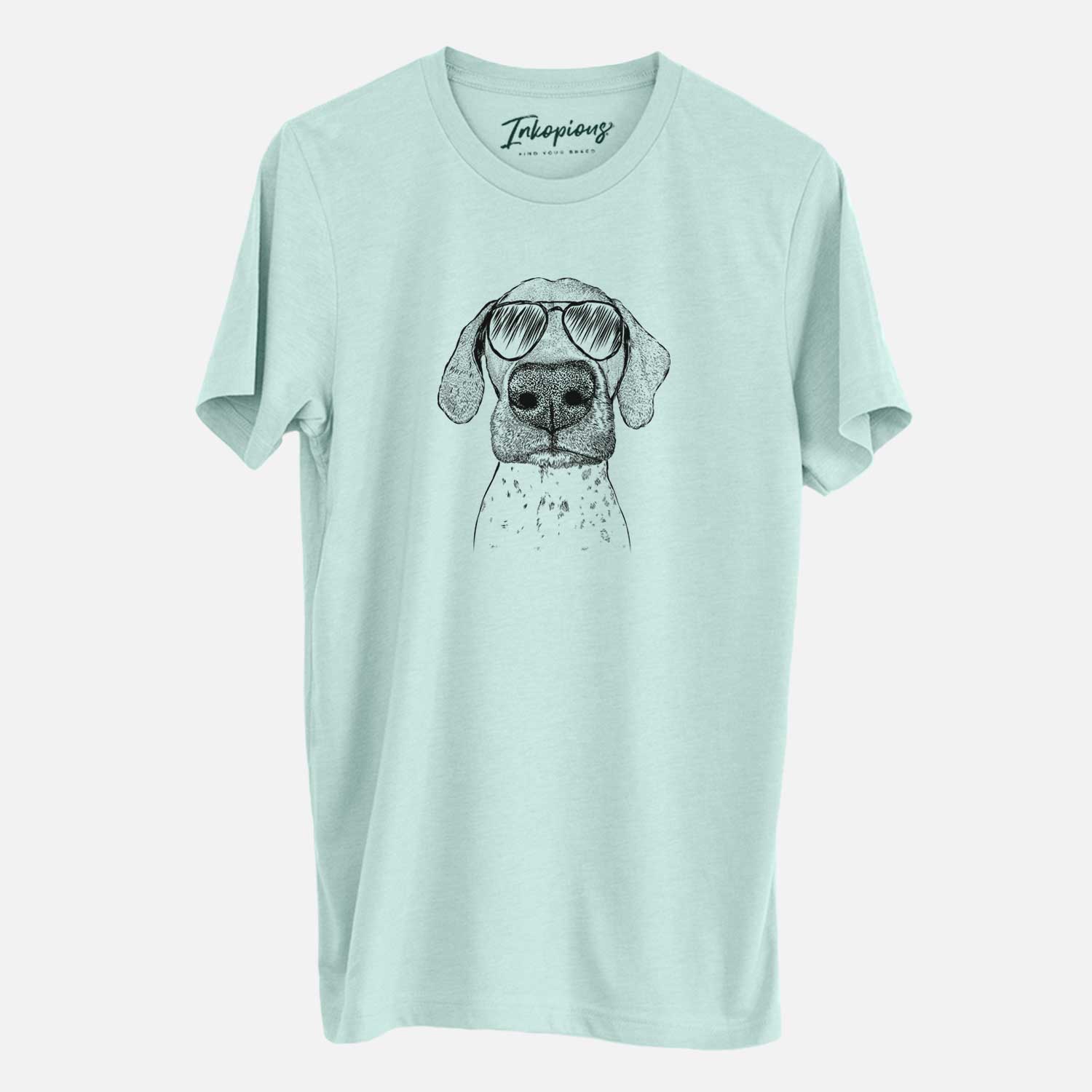 Hand-drawn sketch of Leroy the German Shorthaired Pointer wearing aviator sunglasses on a Heather Sage Unisex crewneck