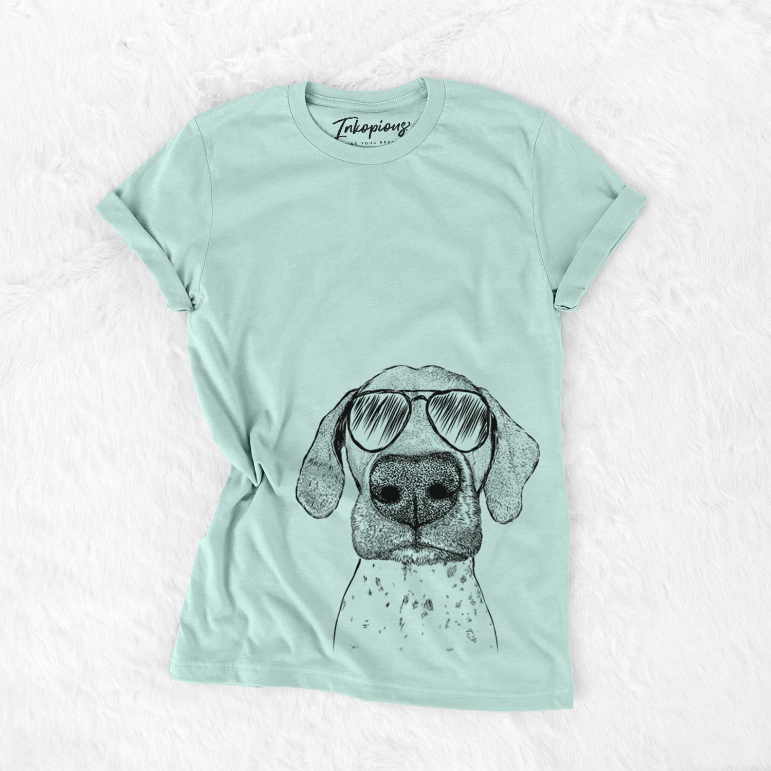 Hand-drawn sketch of Leroy the German Shorthaired Pointer wearing aviator sunglasses on a Heather Sage Unisex crewneck