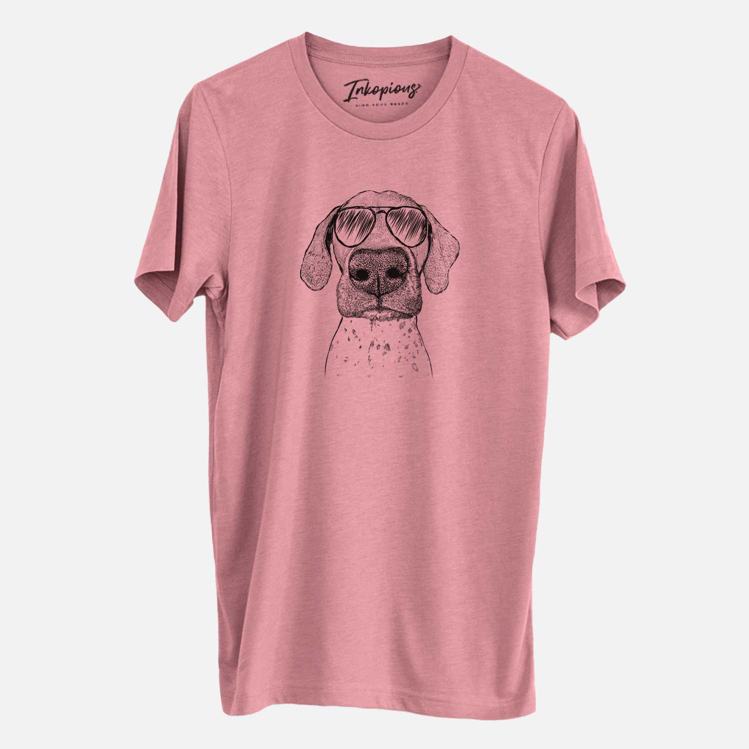 Hand-drawn sketch of Leroy the German Shorthaired Pointer wearing aviator sunglasses on a Mauve Unisex crewneck
